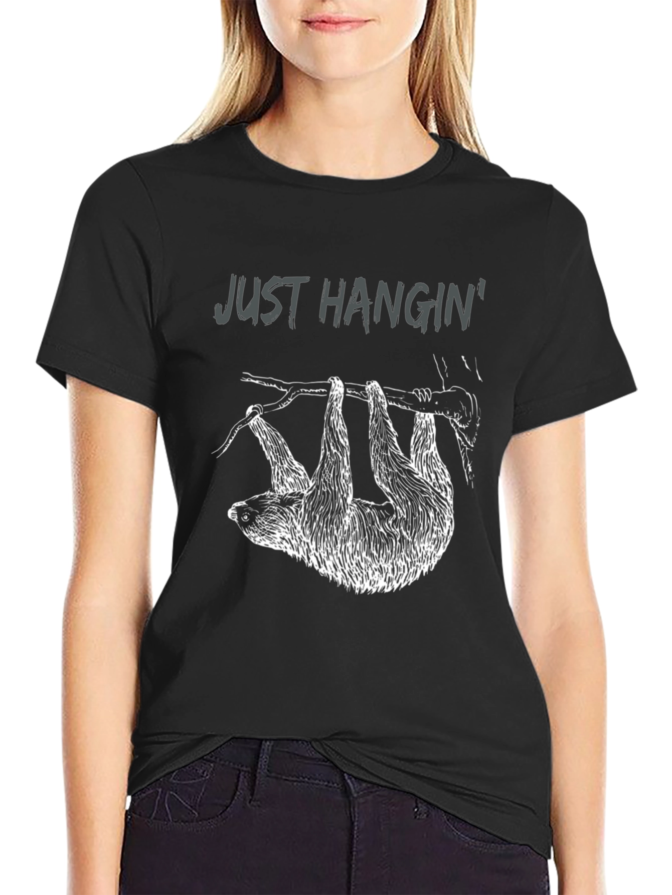 Black Just Hangin' Sloth Graphic T-Shirt view 2