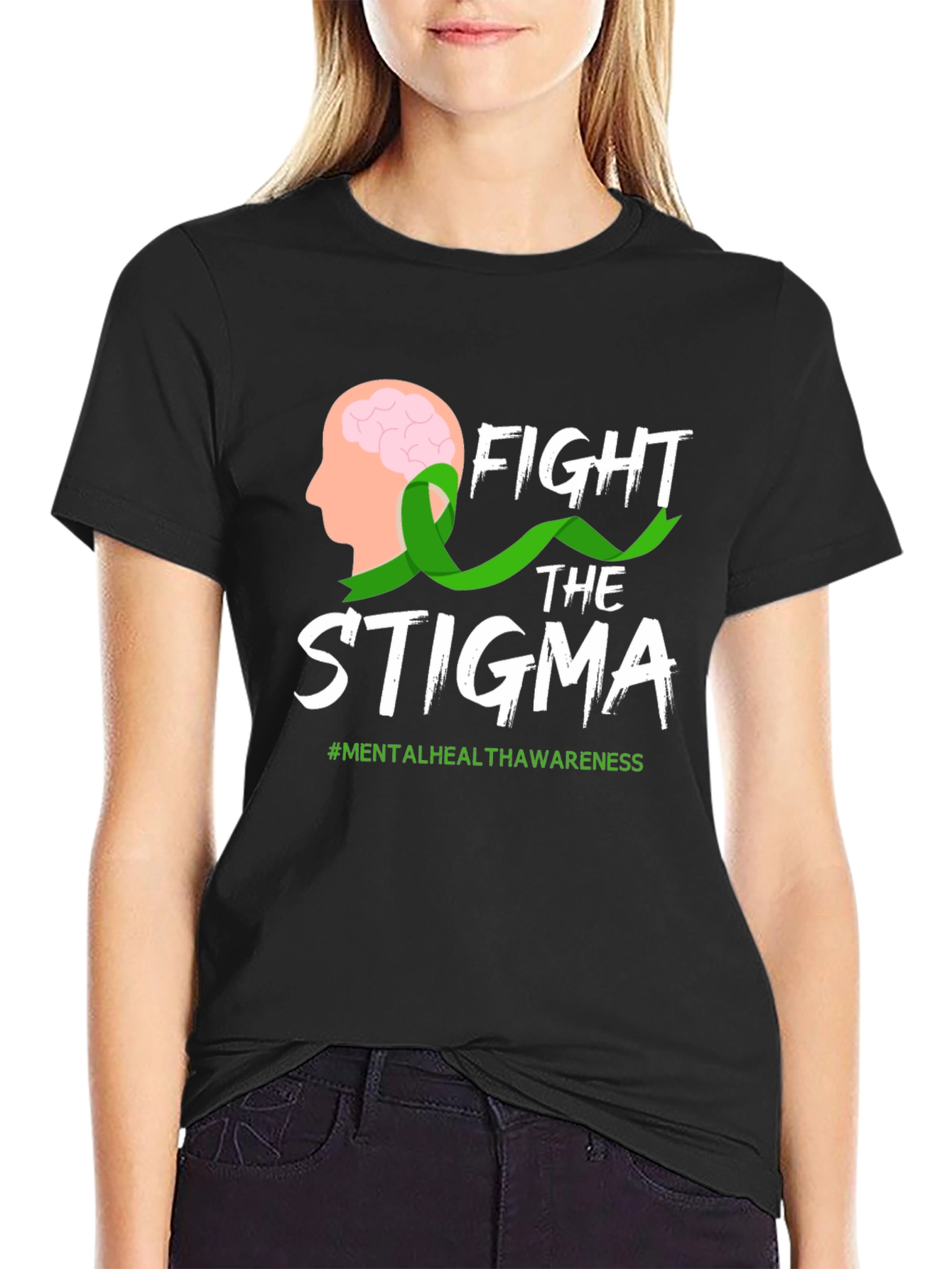 Black Fight Stigma T-Shirt Mental Health Awareness Tee view 2