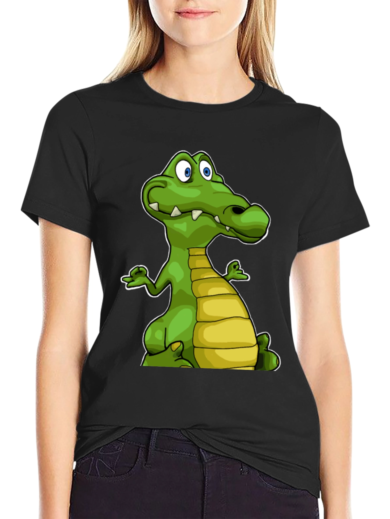 Black Cartoon Crocodile Graphic Tee - Black Cotton T-Shirt view 2
