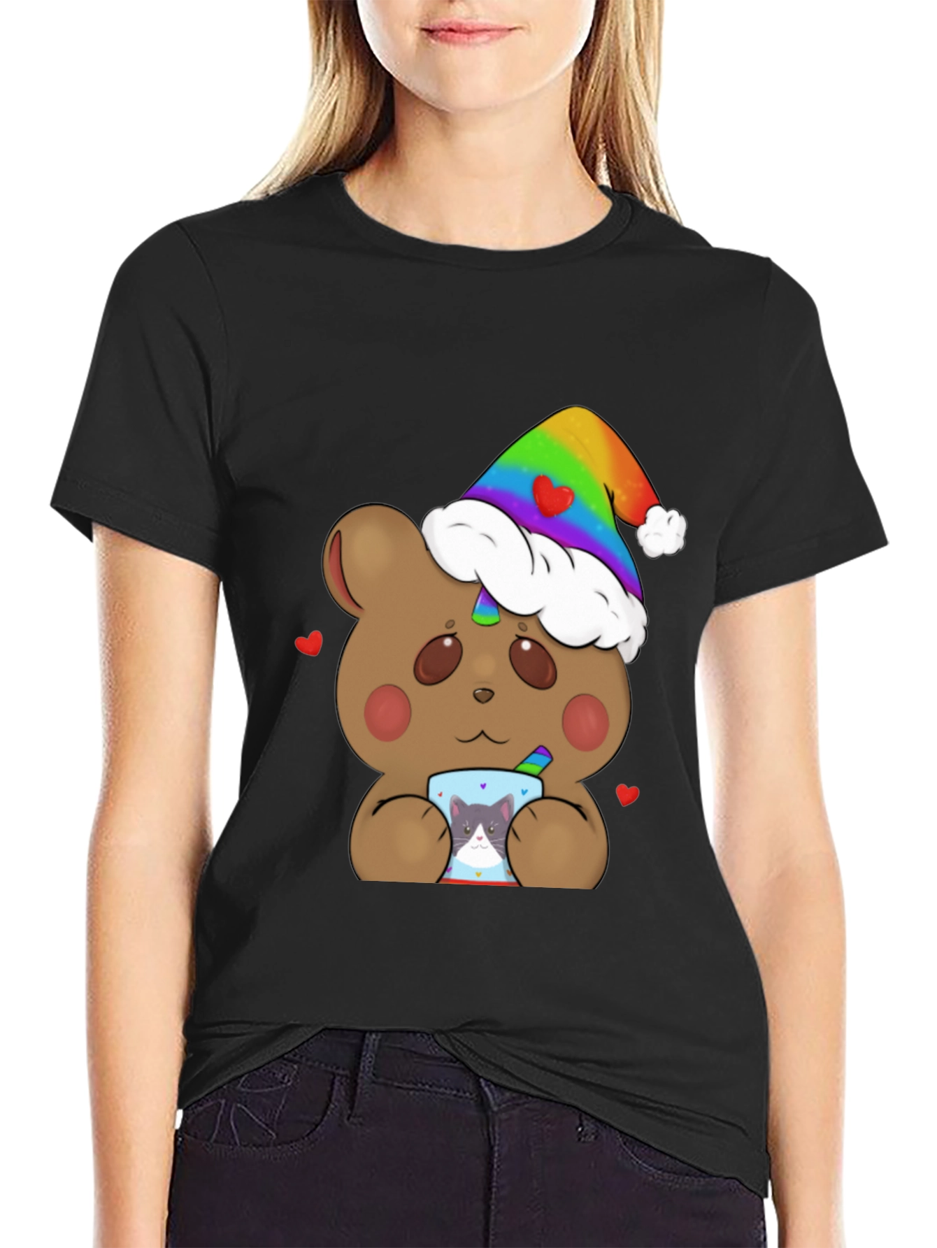 Black Bear with Rainbow Hat & Cat Mug T-Shirt view 2