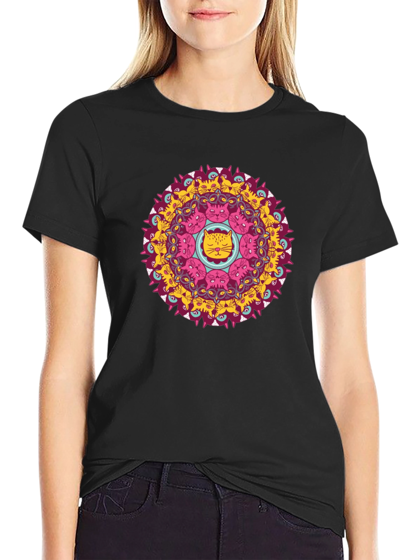 Black Cat Mandala Black T-Shirt - Unique Graphic Tee view 2