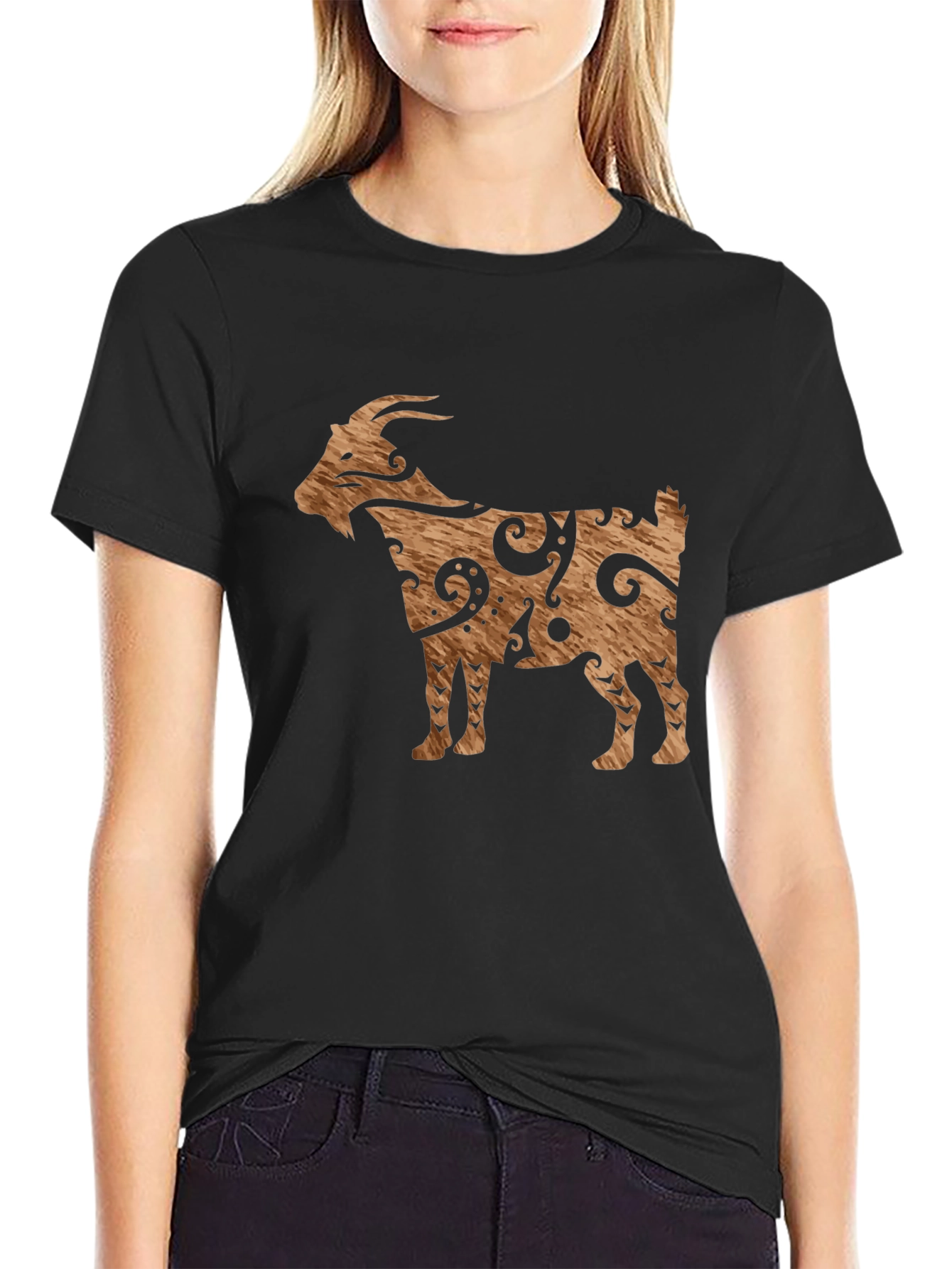 Black Tribal Goat Graphic Tee - Black Cotton Casual view 2