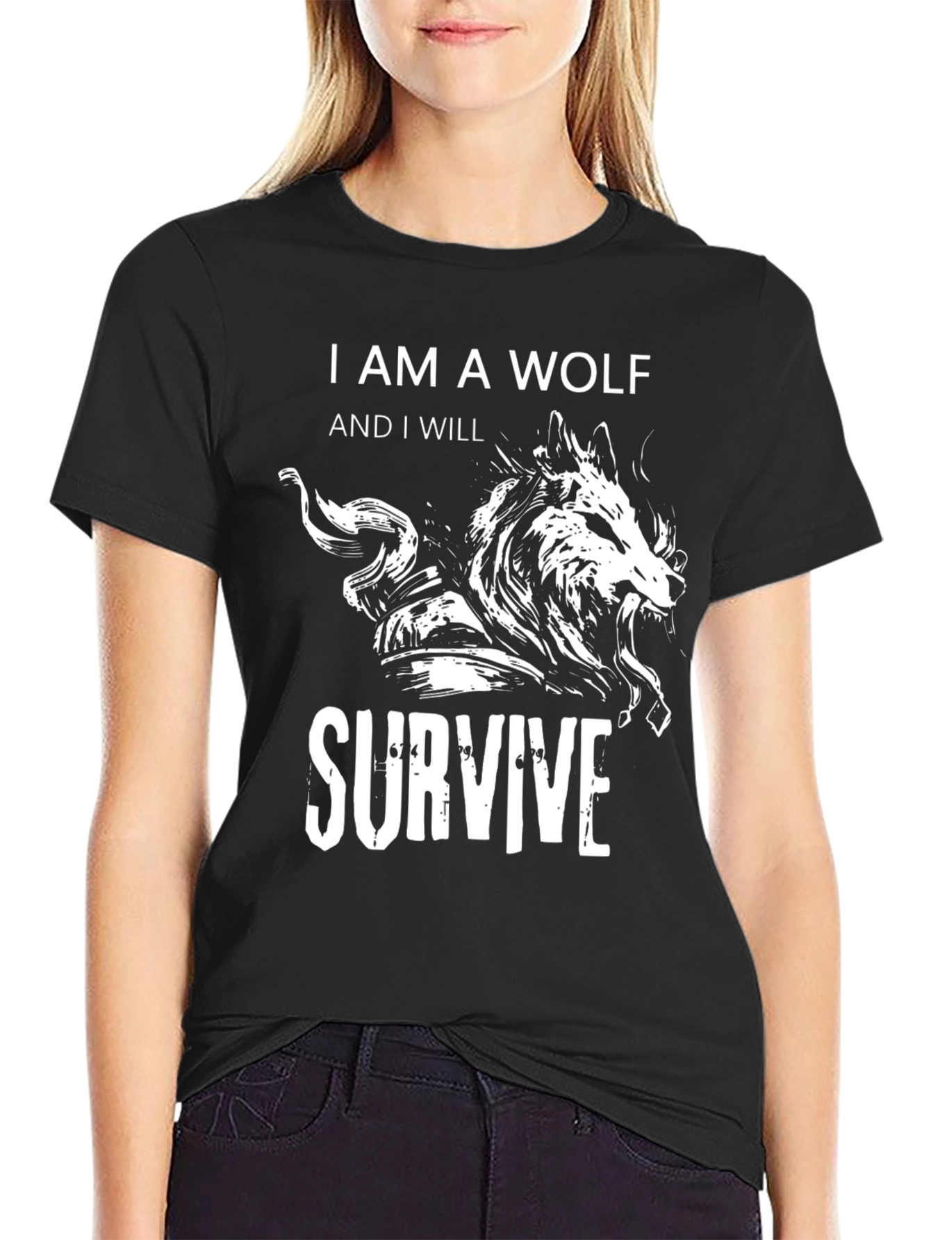 Black Wolf Survive Graphic Tee - Black Cotton T-Shirt view 2