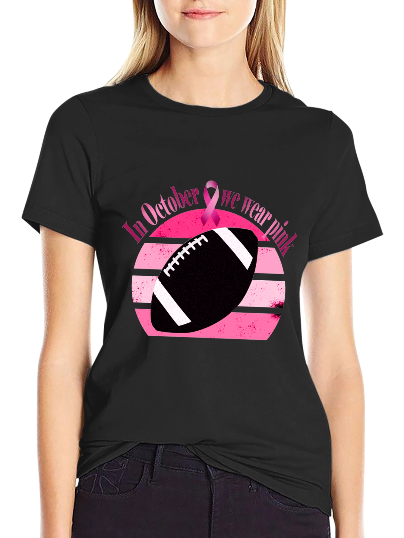 Black October Breast Cancer Awareness Football T-Shirt view 2