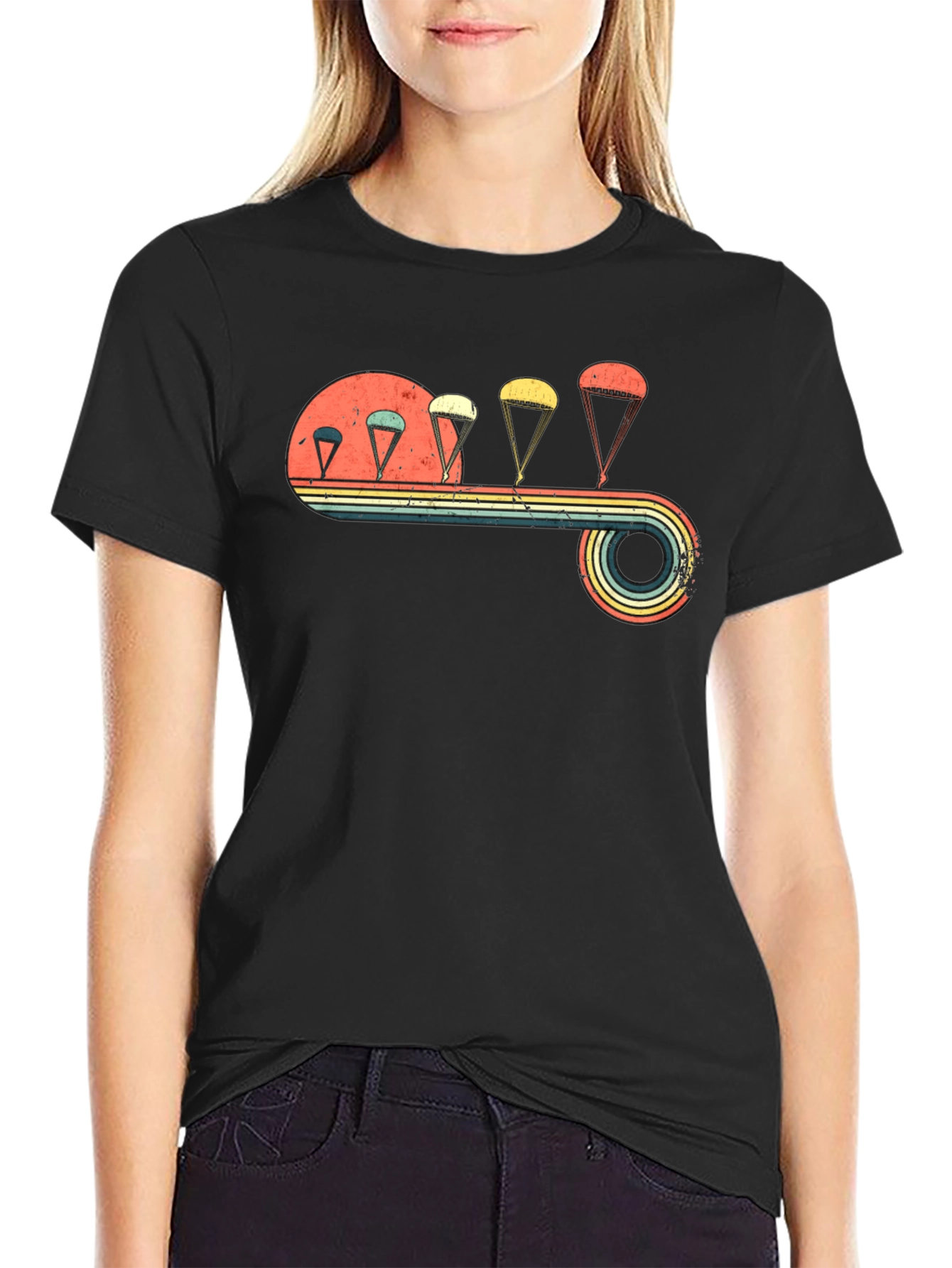 Black Vintage Parachute T-Shirt - Retro Skydiving Design view 2