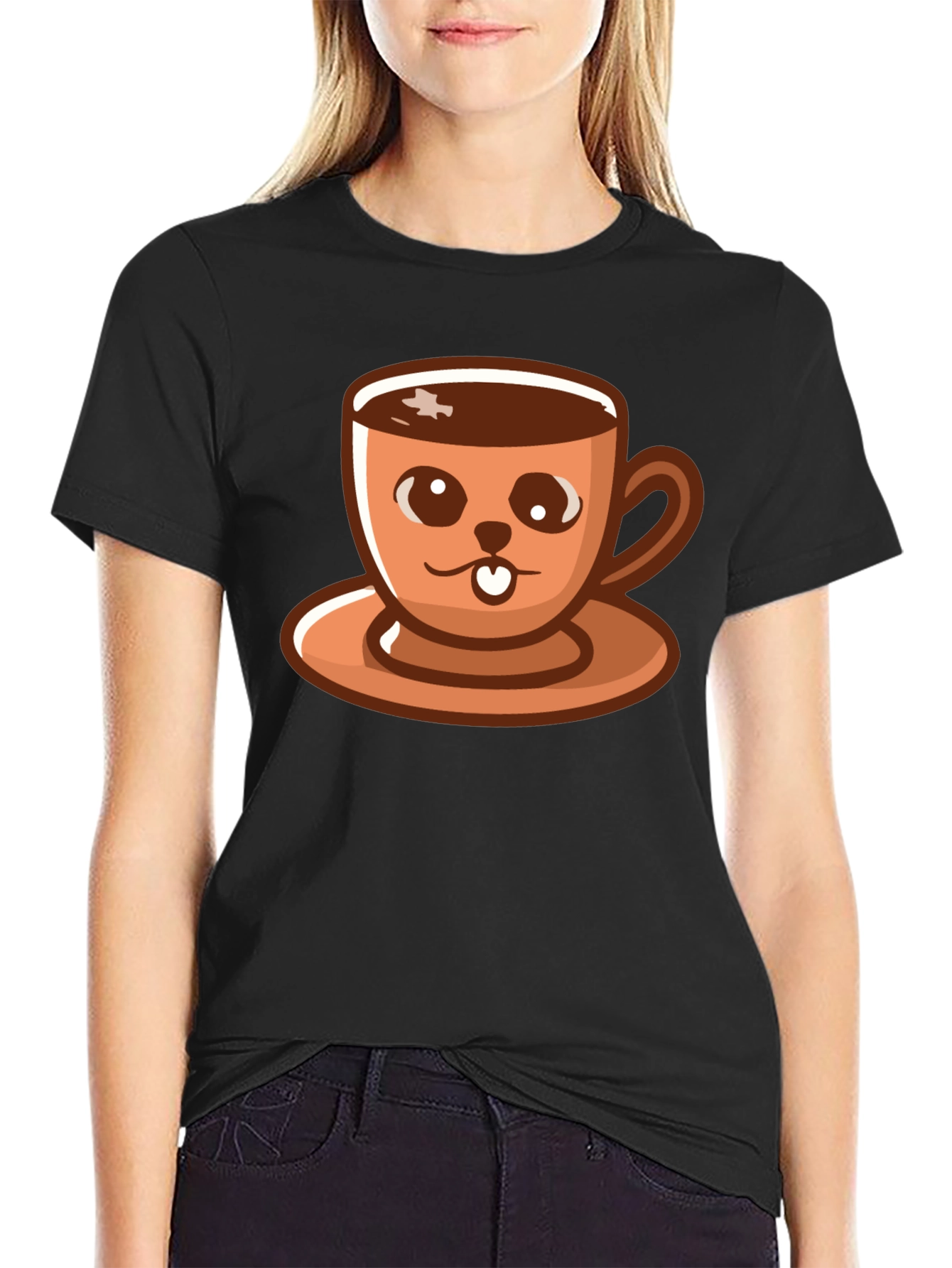 Black Cute Coffee Cup Cartoon T-Shirt view 2
