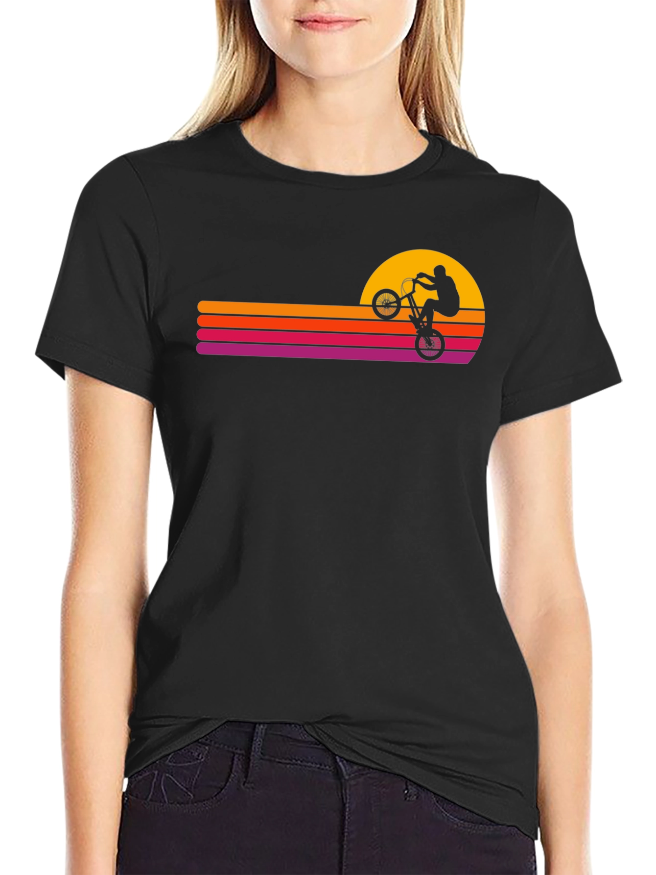 Black Retro Sunset BMX Rider Graphic Tee view 2