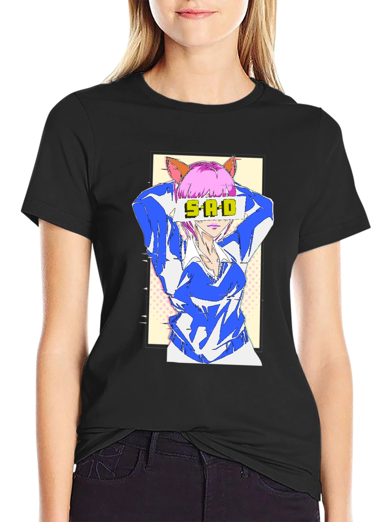 Black Anime SAD T-Shirt - Unisex Graphic Tee view 2