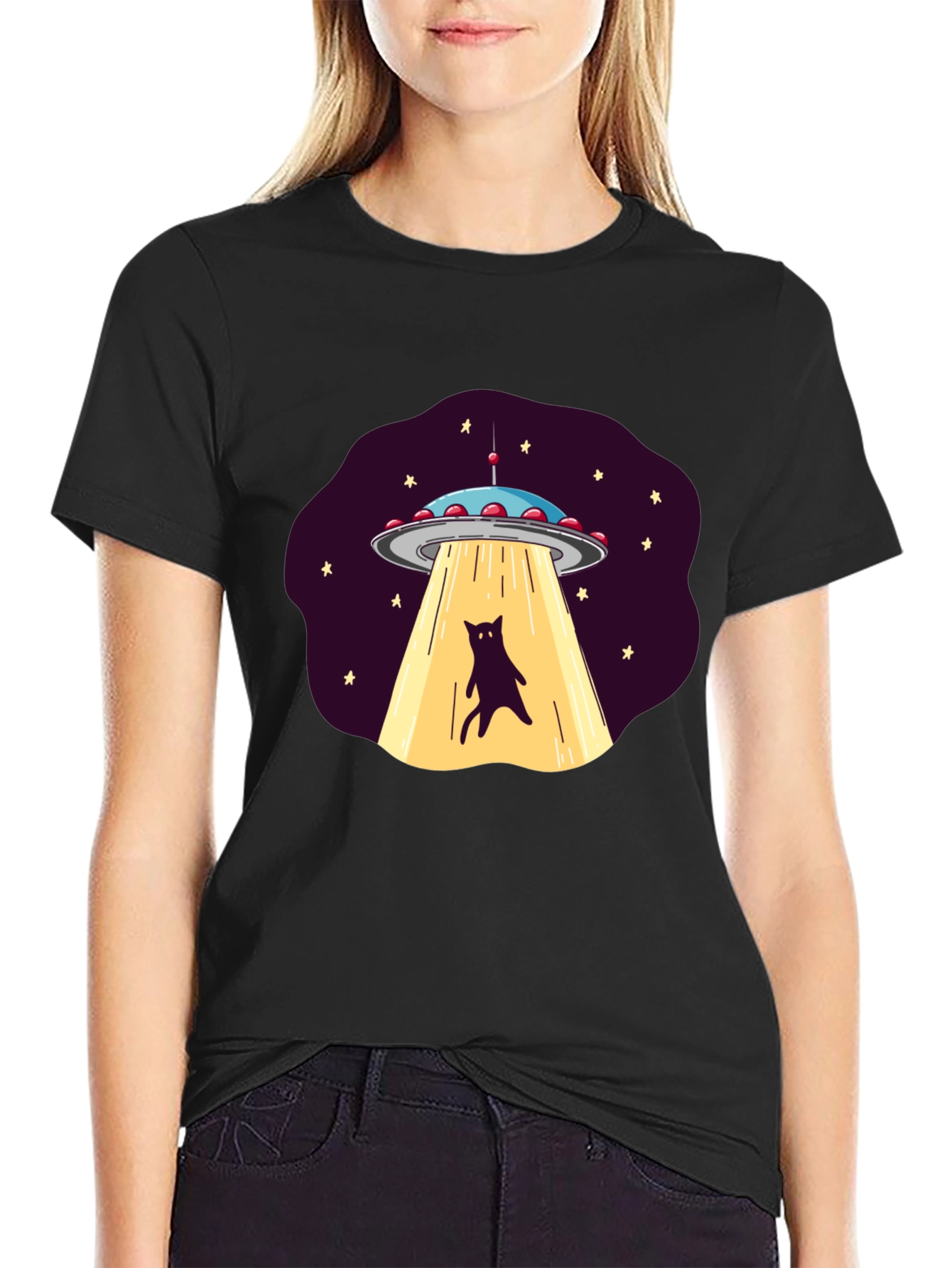 Black Alien Cat Abduction Graphic Tee view 2