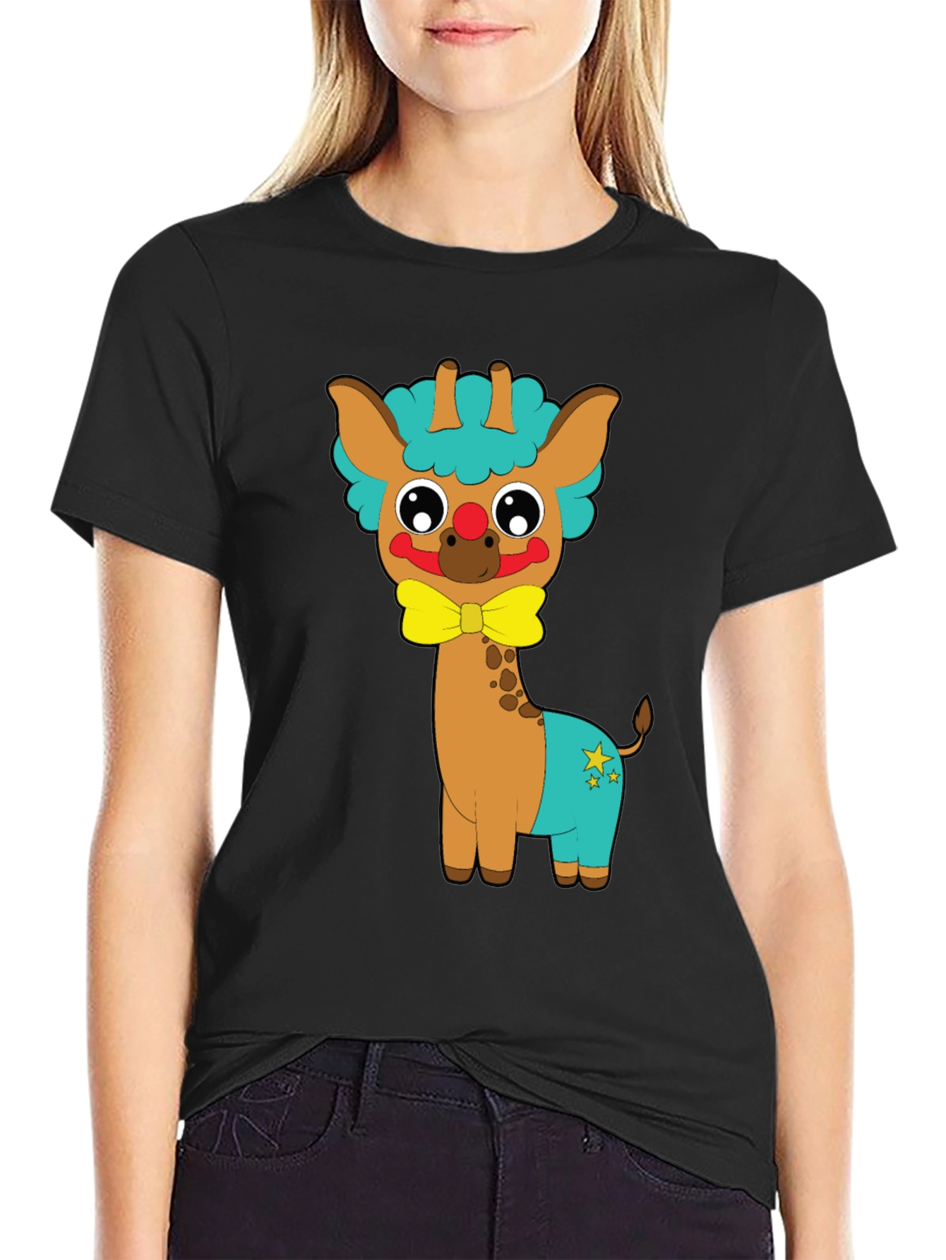Black Cute Giraffe Clown Graphic Tee view 2