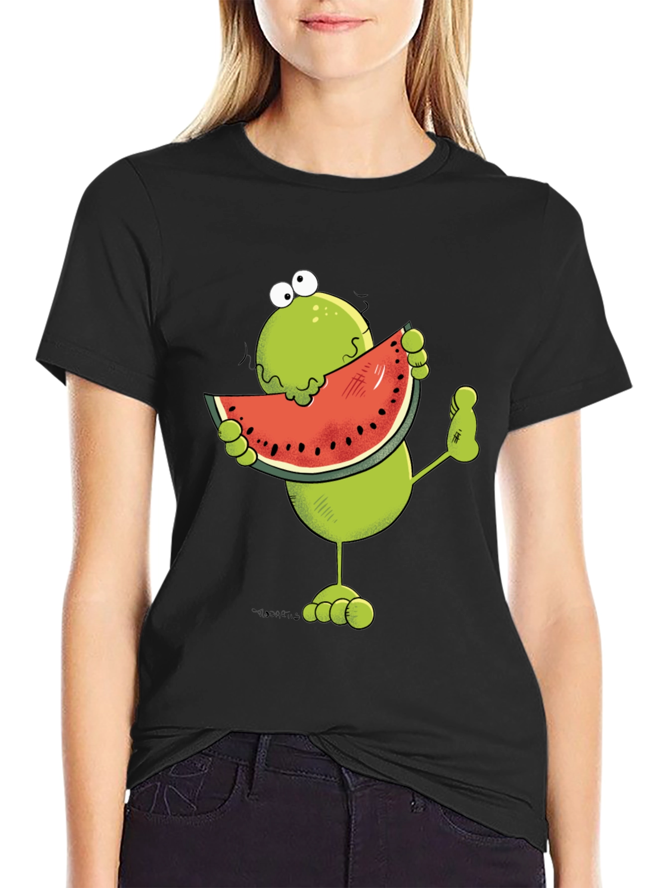 Black Frog Eating Watermelon Funny Graphic T-Shirt view 2