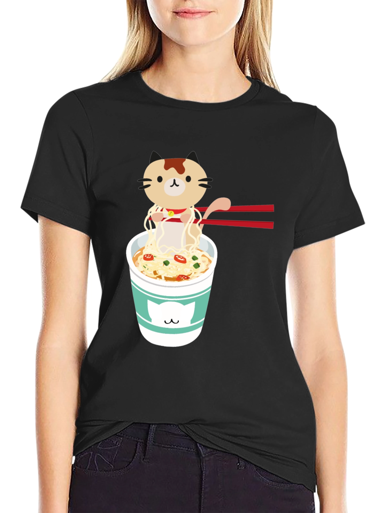 Black Cute Cat Ramen T-Shirt view 2