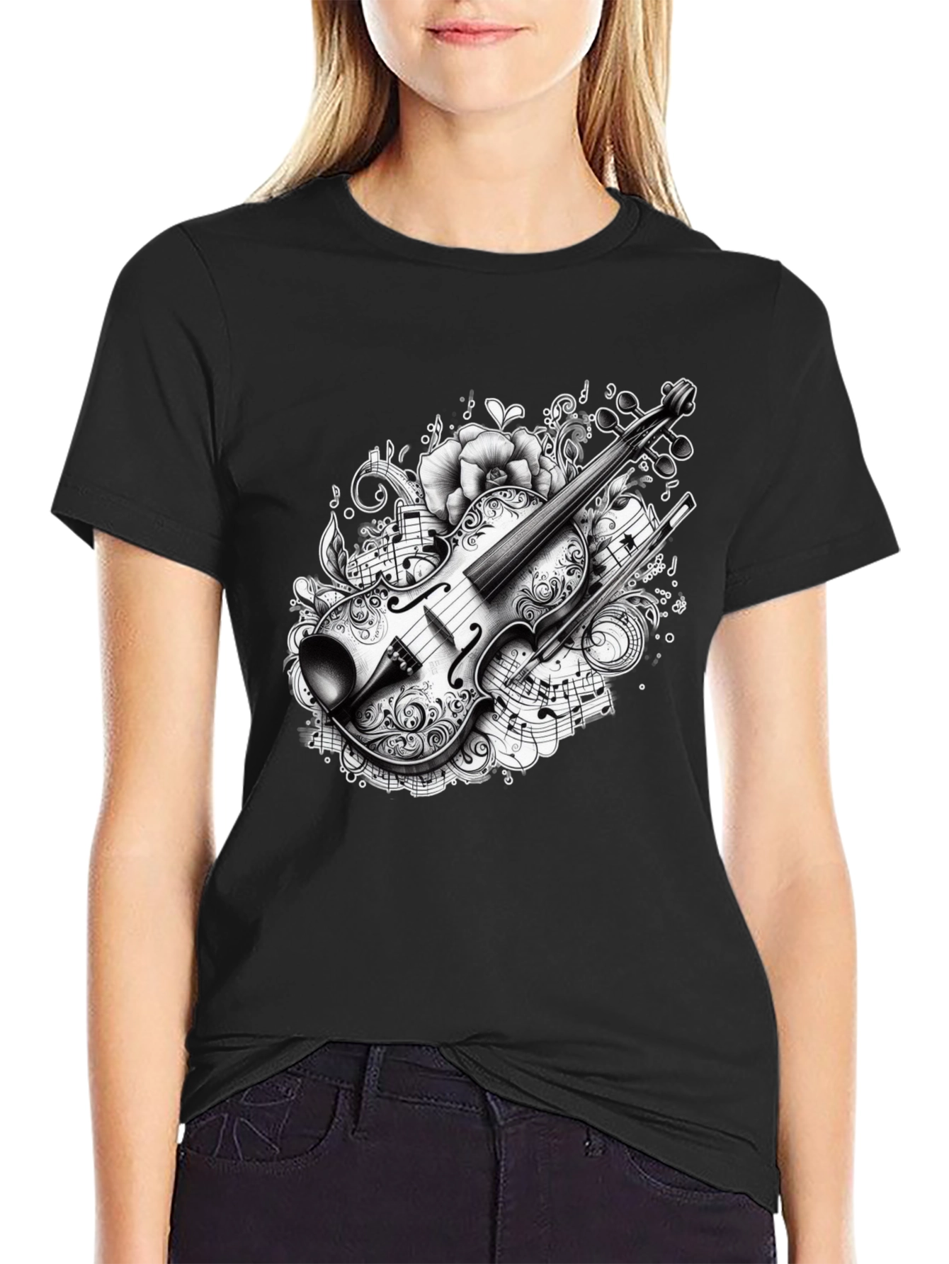Black Musical Violin Graphic T-Shirt view 2