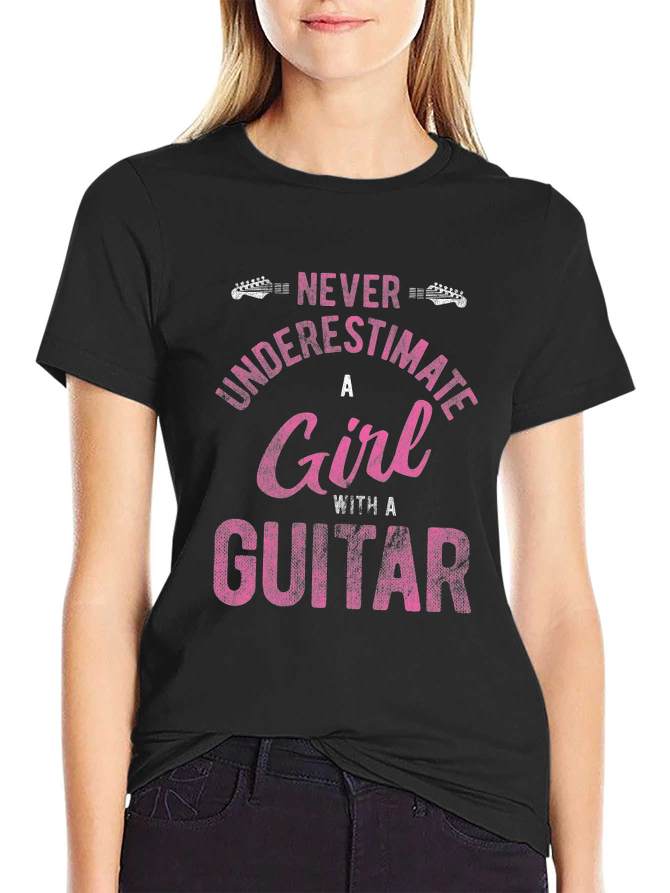 Black Never Underestimate A Girl Guitar T-Shirt view 2