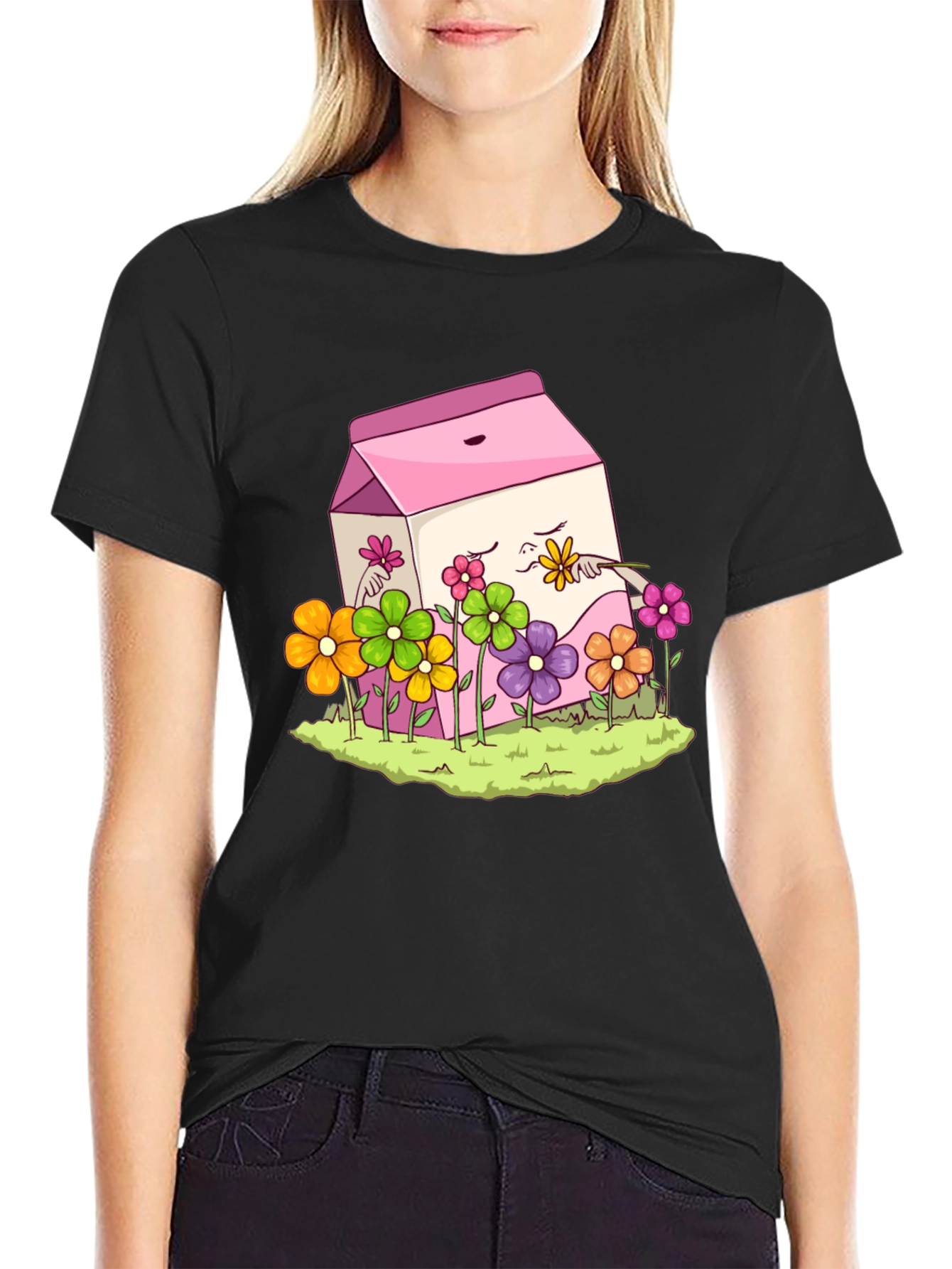 Black Cute Milk Carton & Flowers Graphic Tee view 2