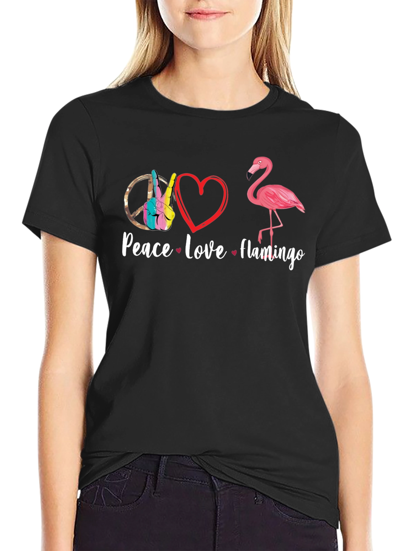 Black Peace Love Flamingo T-Shirt - Fun Graphic Tee view 2