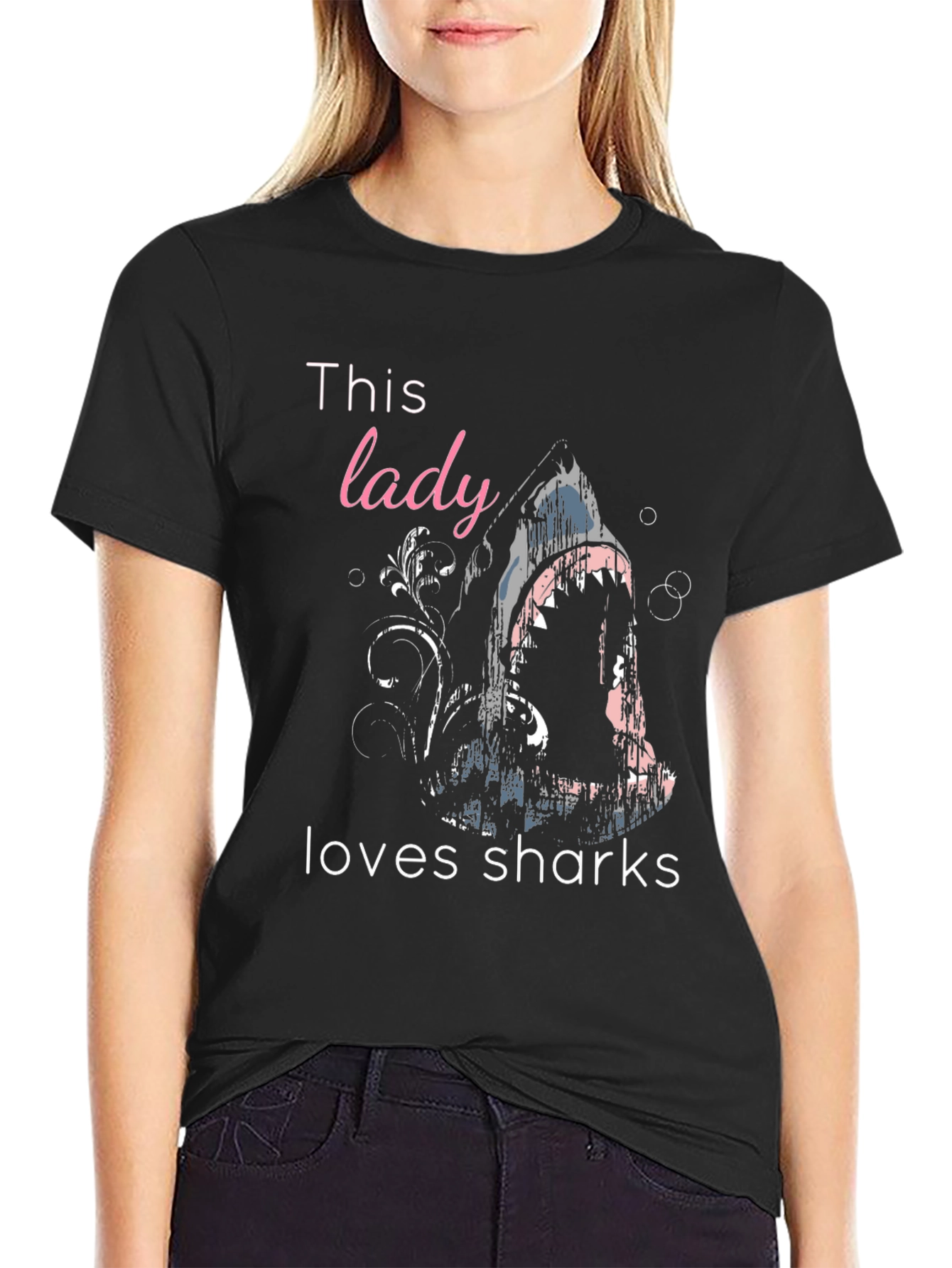 Black This Lady Loves Sharks Graphic T-Shirt view 2