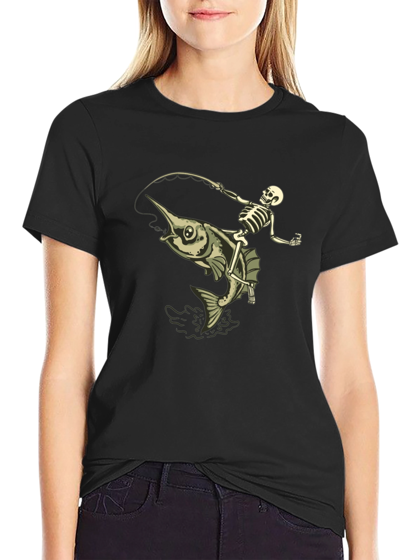 Black Skeleton Fishing Marlin T-Shirt - Black Cotton view 2