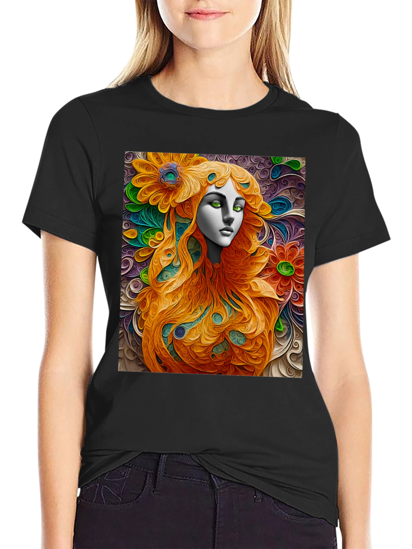 Black Abstract Floral Woman Graphic Tee - Artistic Style view 2