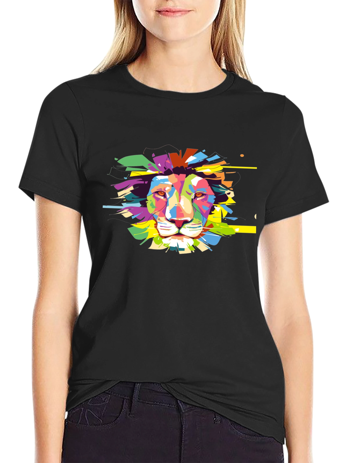 Black Colorful Lion Graphic Black T-Shirt view 2