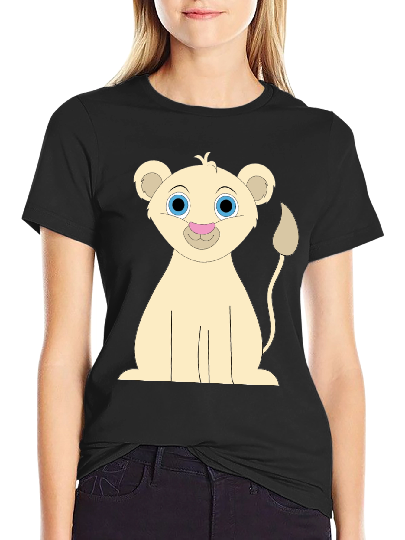 Black Cute Cartoon Lion Black T-Shirt view 2