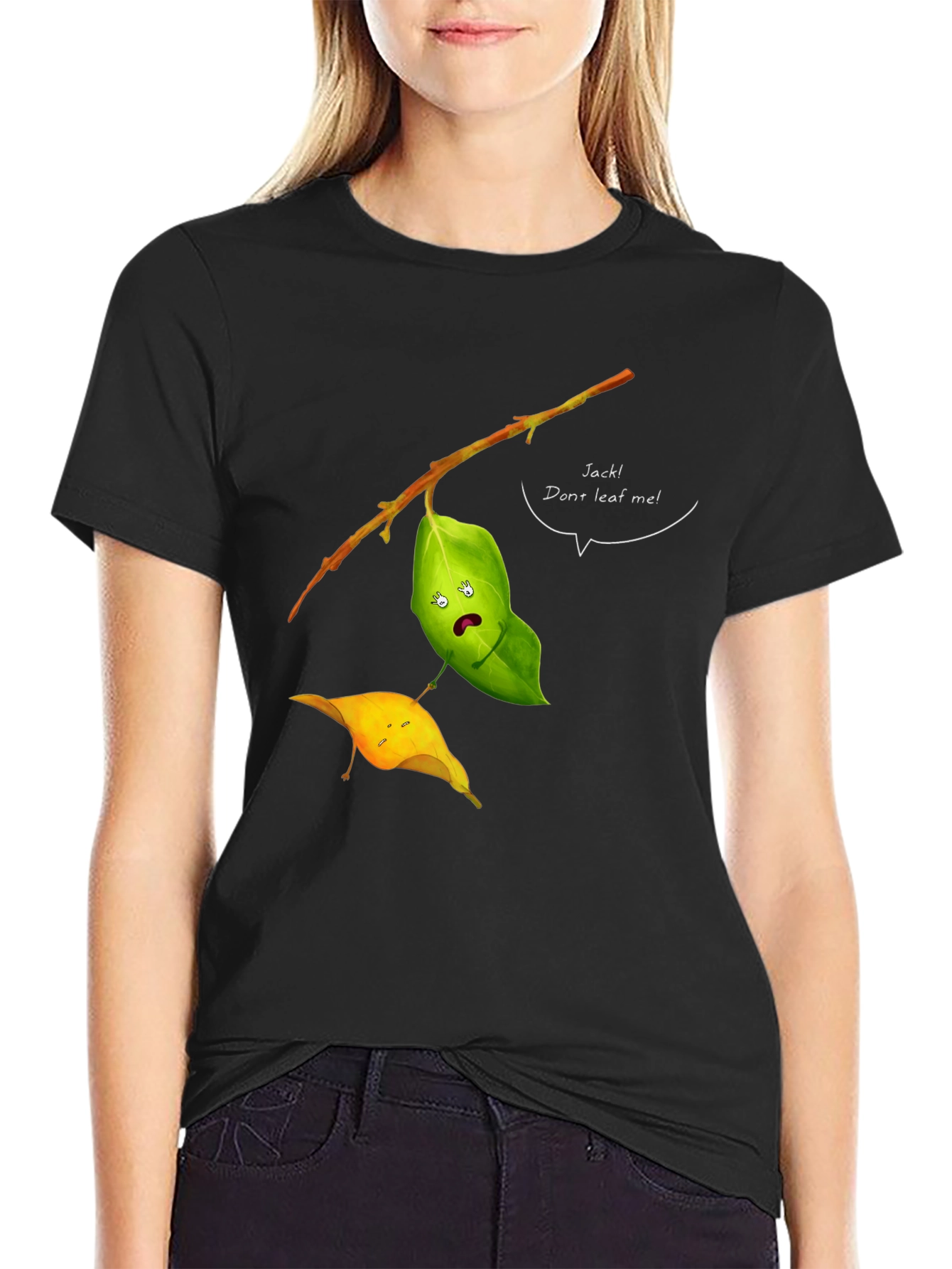 Black Funny Leaf Humor T-Shirt - Jack! Don't Leaf Me view 2