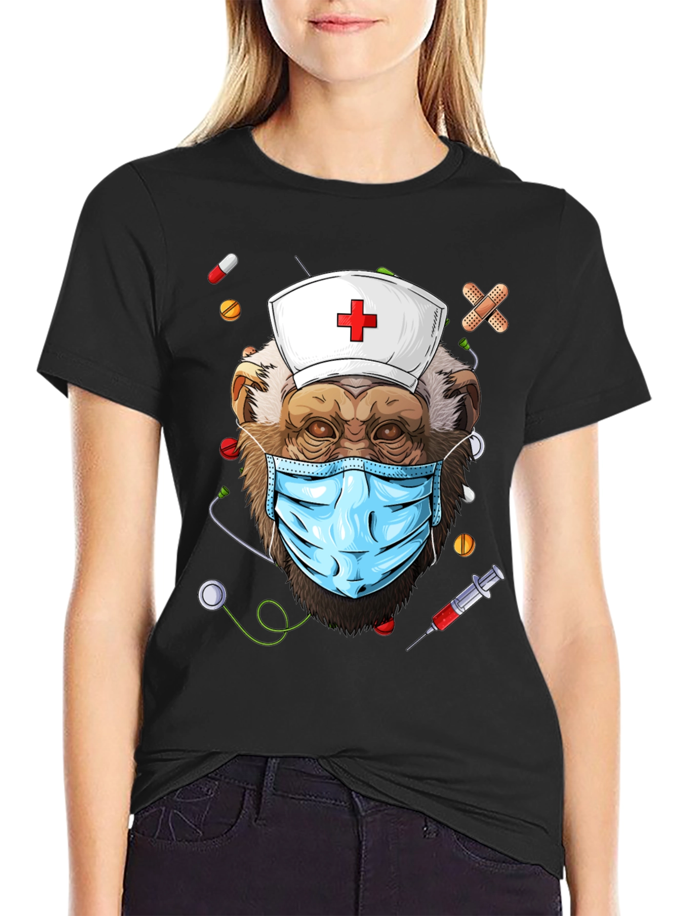 Black Nurse Monkey Graphic T-Shirt - Unique & Fun Design! view 2