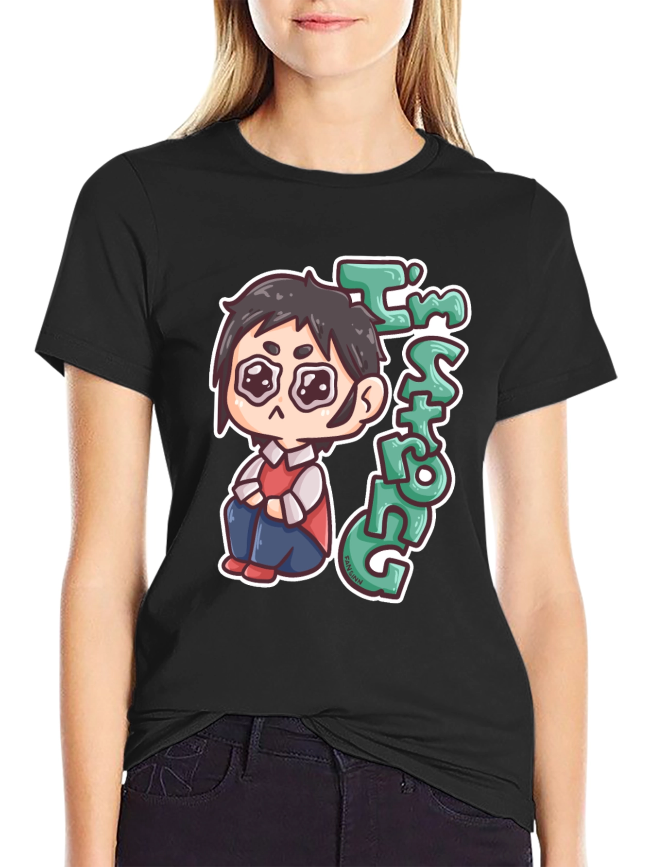 Black Chibi Anime "I'm Strong" Graphic Black T-Shirt view 2