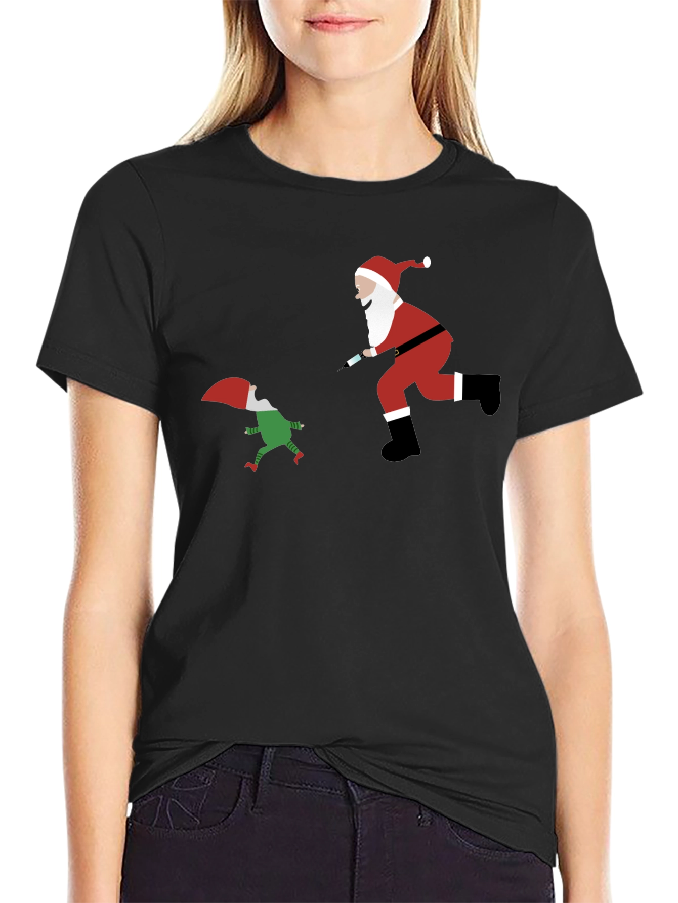 Black Santa Elf Syringe Black T-Shirt view 2