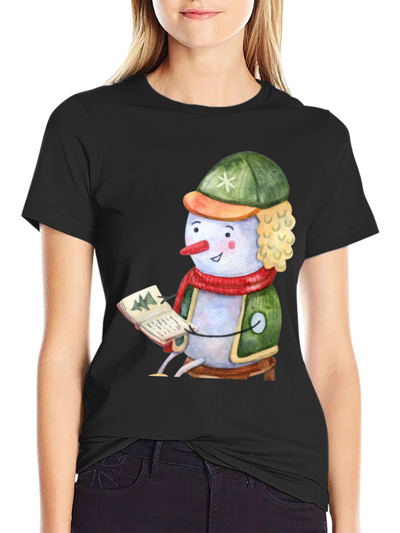 Black Festive Snowman Reading T-Shirt view 2