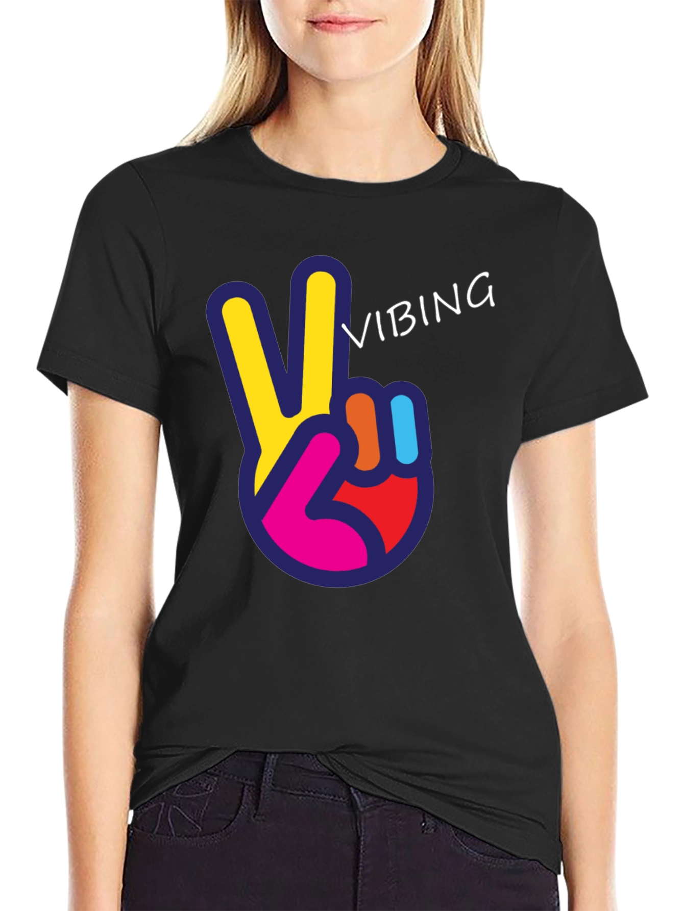 Black Vibing Peace Sign Graphic Tee view 2
