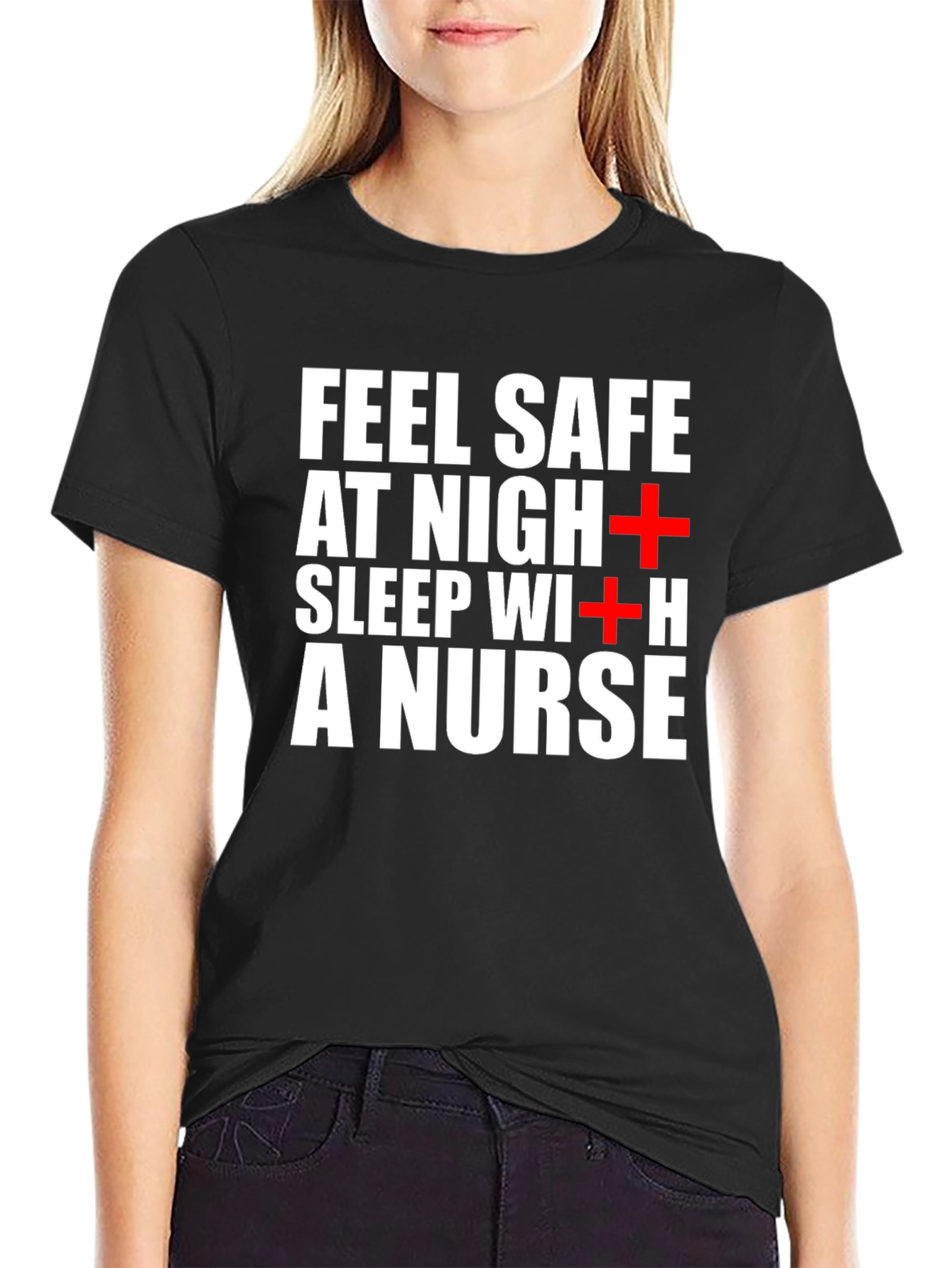 Black Feel Safe Sleep With a Nurse Black T-Shirt view 2