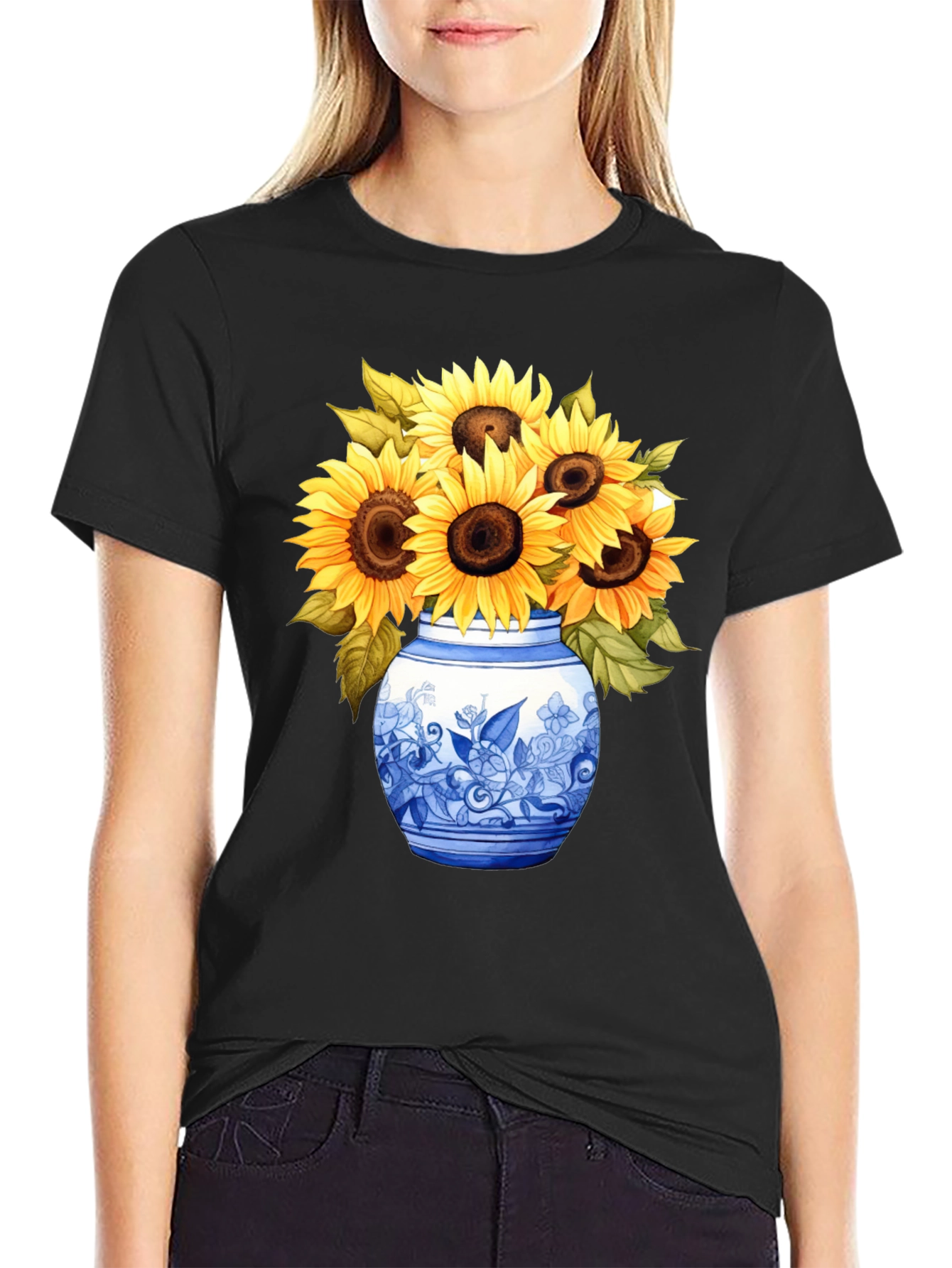 Black Sunflower Vase Graphic Tee - Stylish Unisex T-Shirt view 2