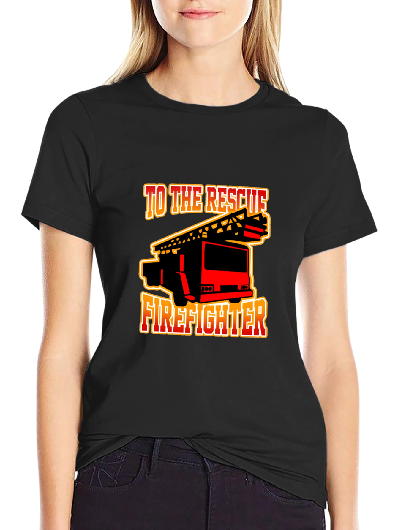 Black Firefighter Rescue Truck Graphic Tee - Black Cotton T-Shirt view 2