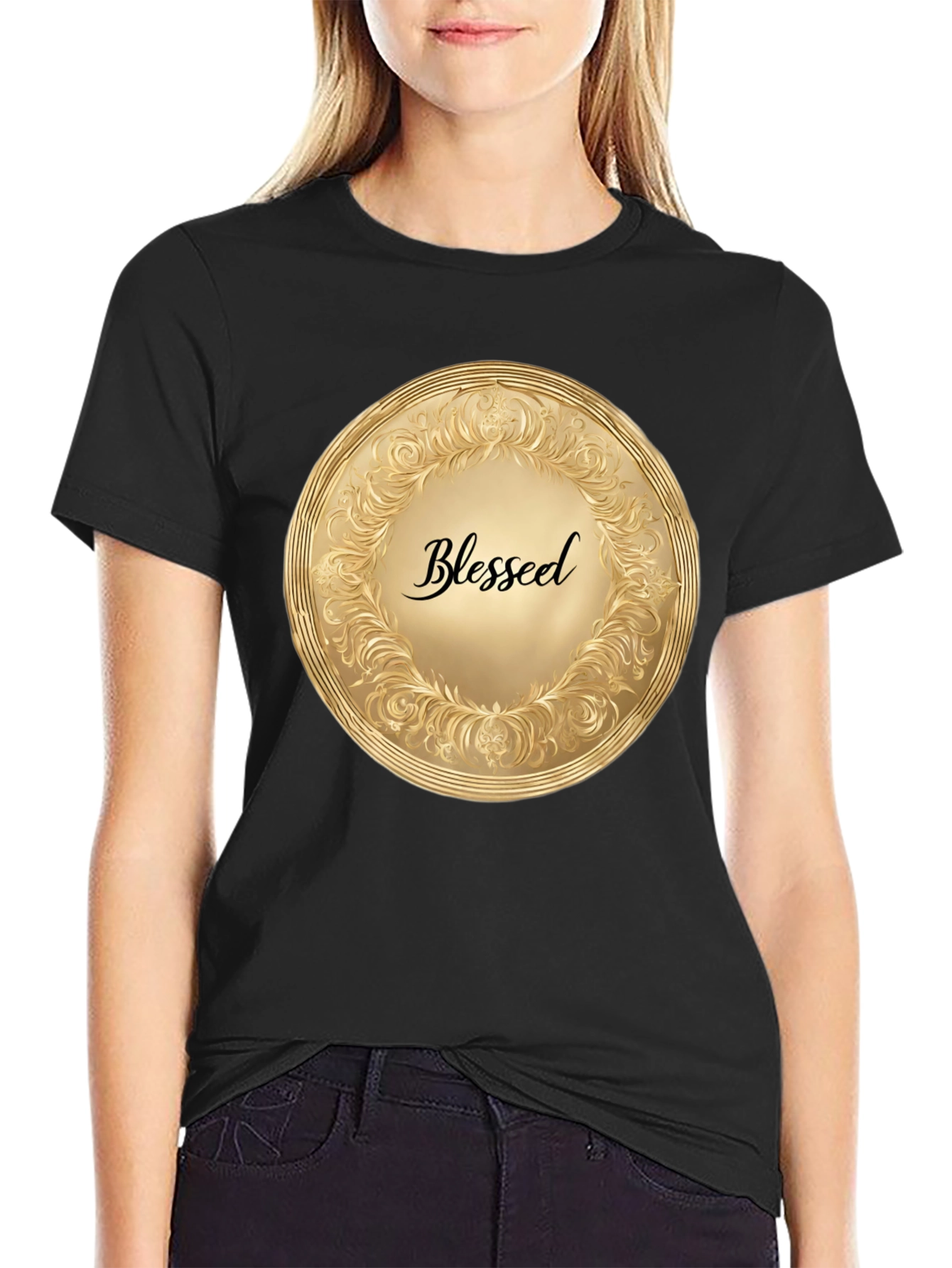 Black Blessed Gold Medallion Black T-Shirt view 2