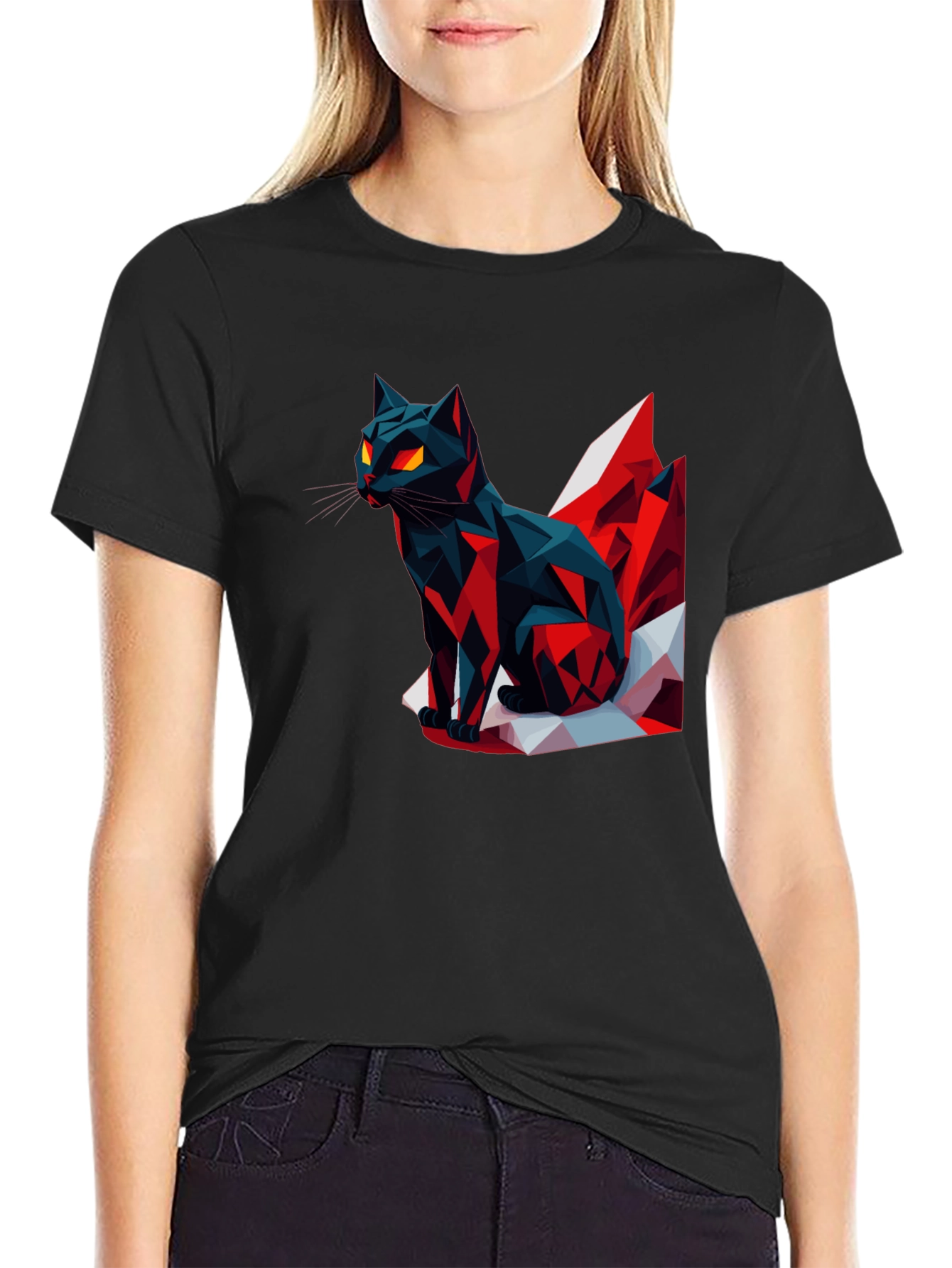 Black Geometric Cat Graphic T-Shirt view 2