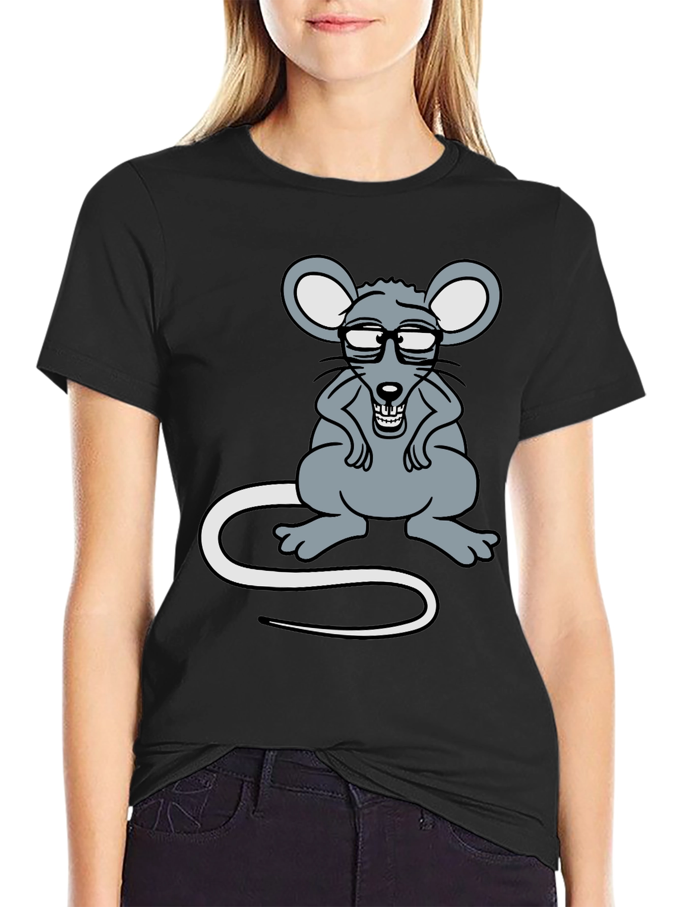 Black Funny Rat with Glasses Graphic Tee view 2
