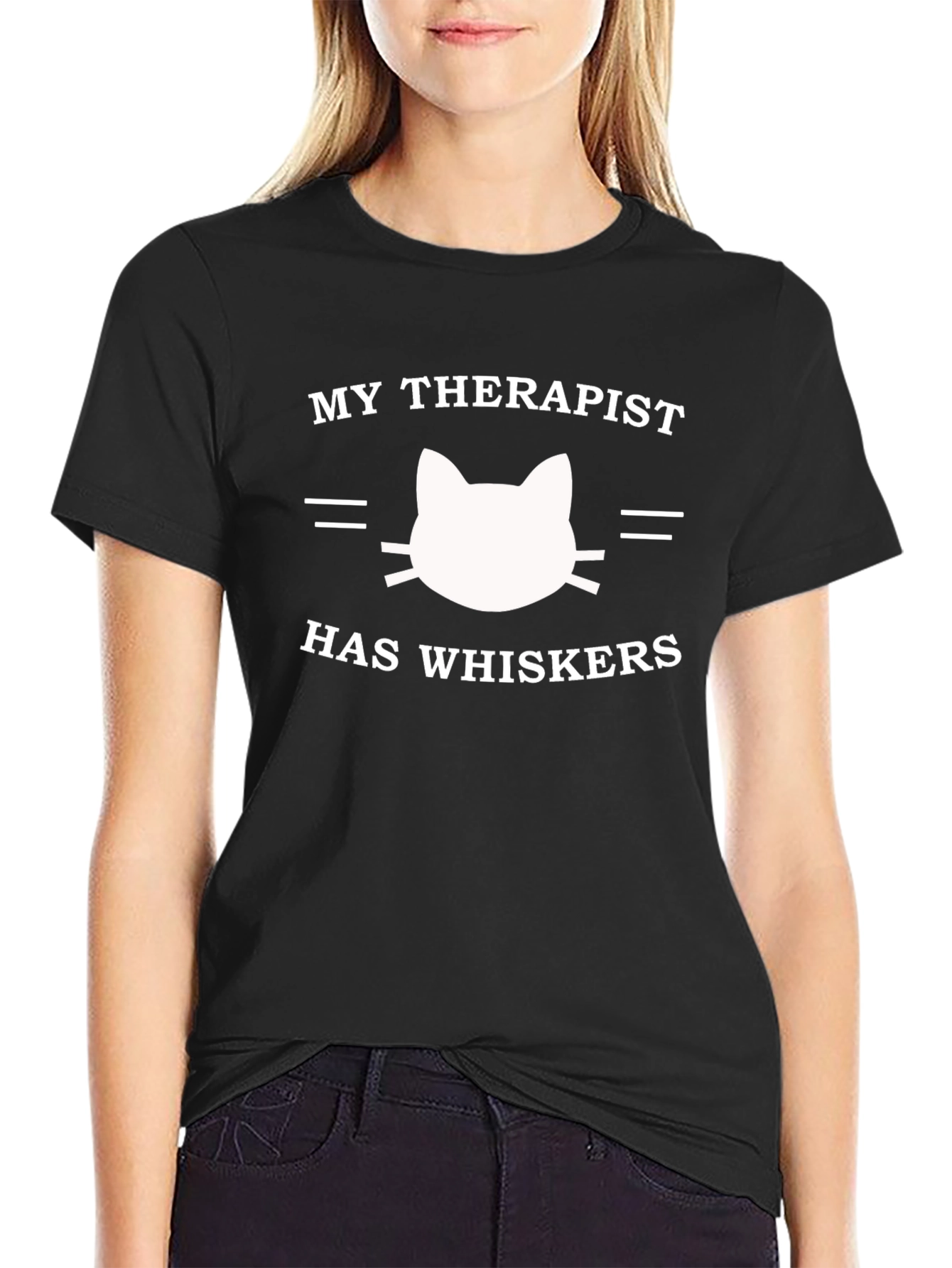 My Therapist Has Whiskers Black T-Shirt - Cat Lover Tee - 2