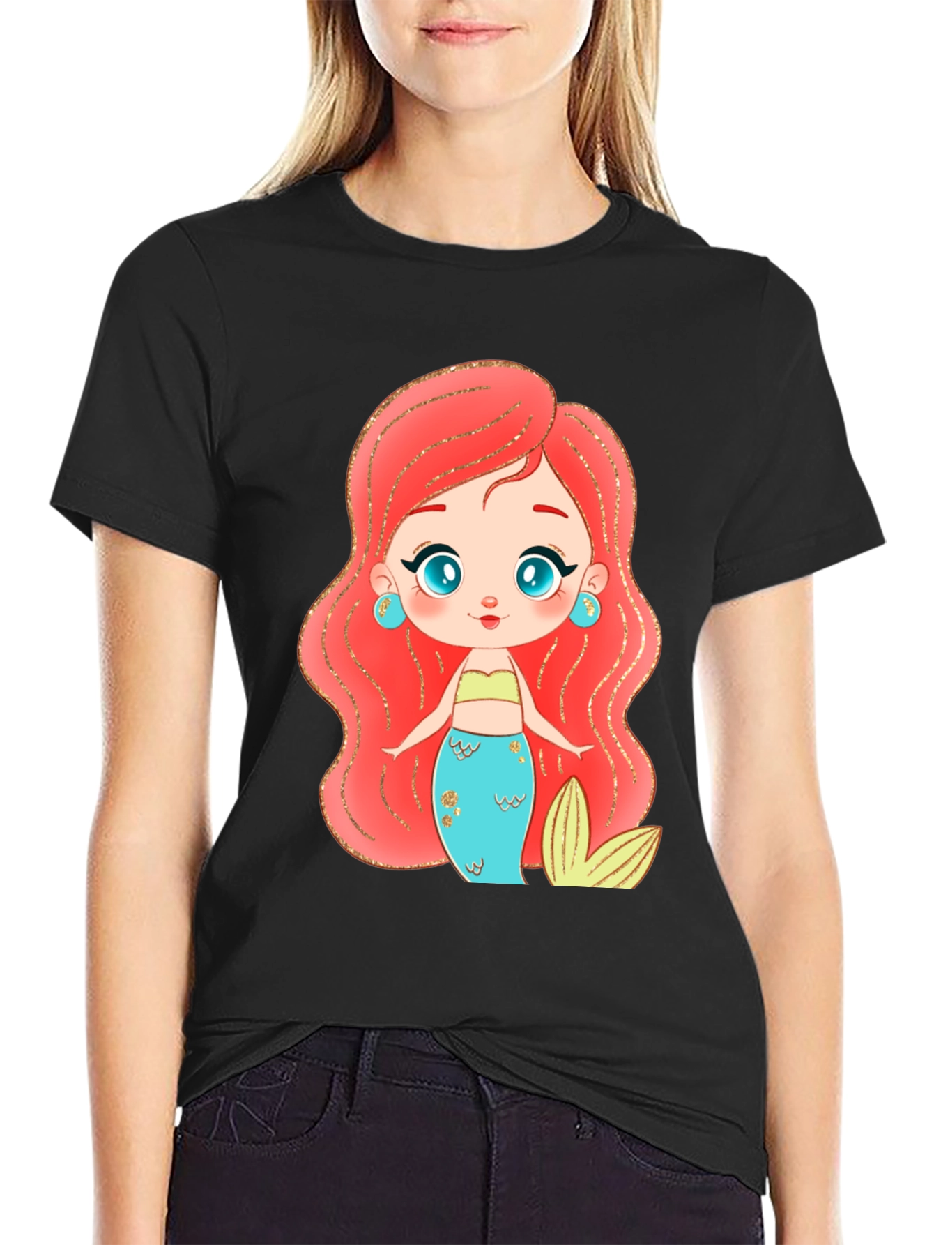 Black Mermaid Cartoon Graphic Black T-Shirt view 2