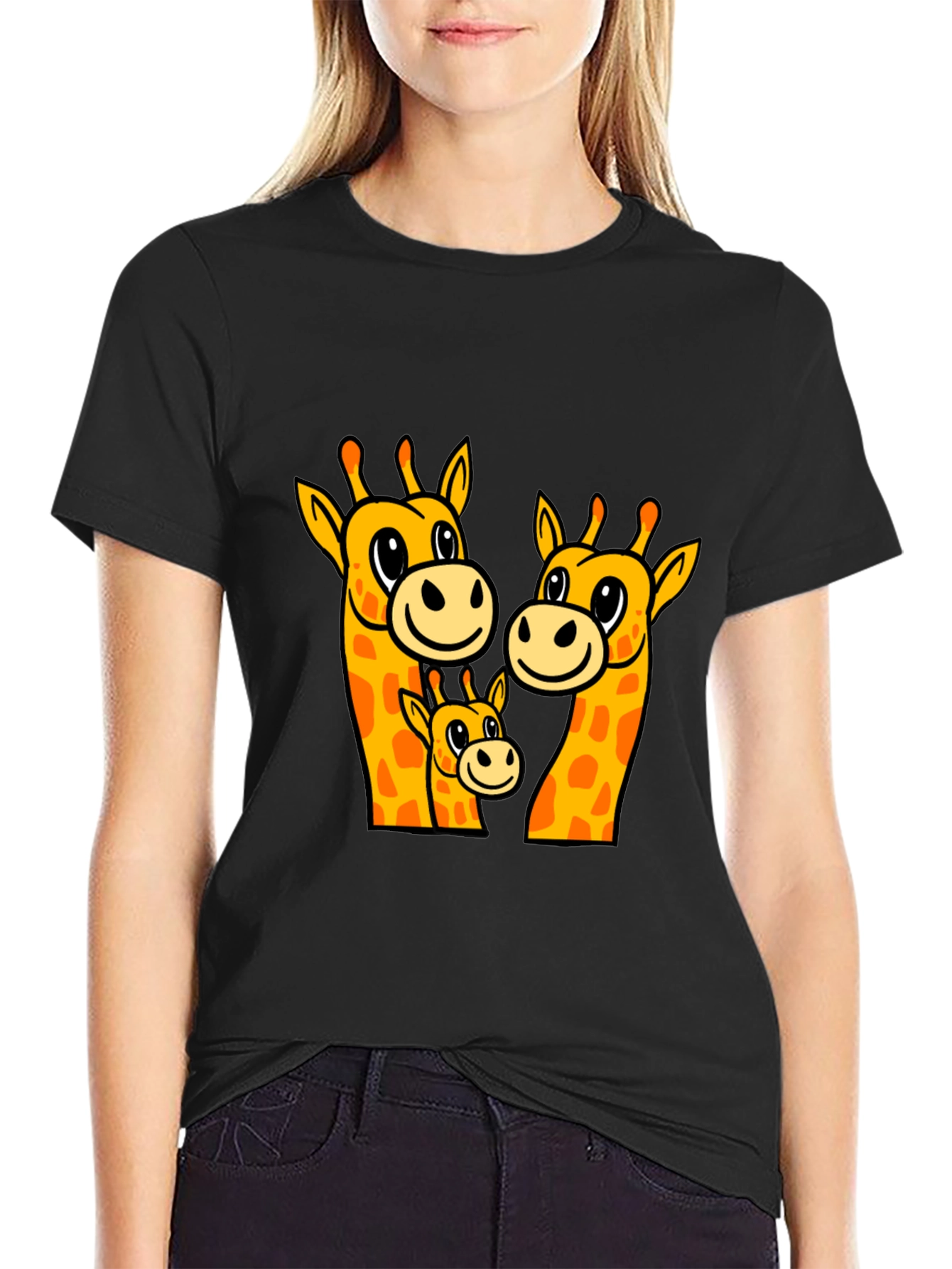 Black Giraffe Family Graphic Tee - Black Cotton Comfort view 2