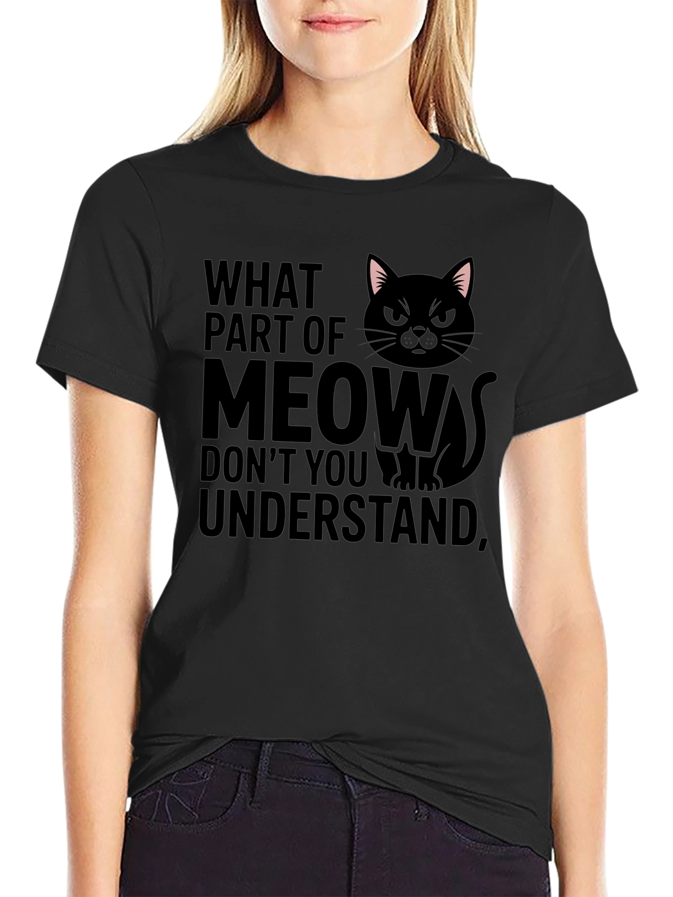 Black Funny Cat Meow Graphic T-Shirt view 2