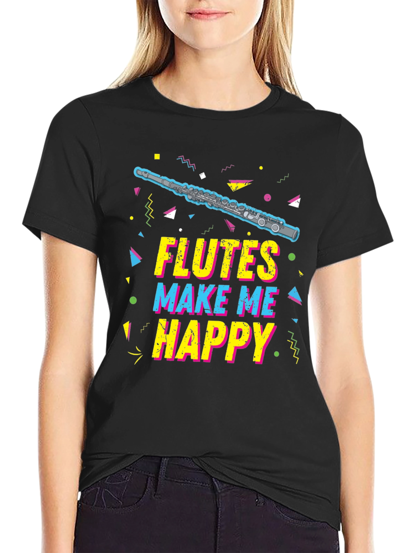 Black Flutes Make Me Happy T-Shirt - Music Lover Tee view 2