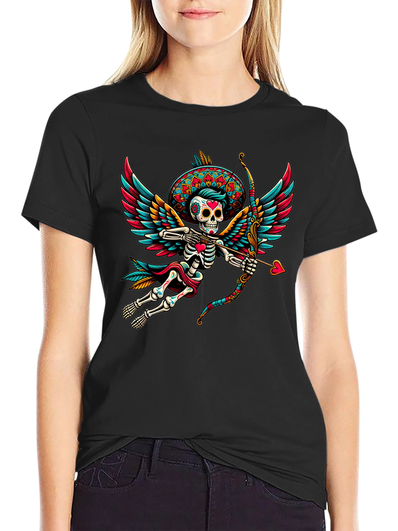 Black Sugar Skull Cupid T-Shirt - Unique Dia de los Muertos Design view 2