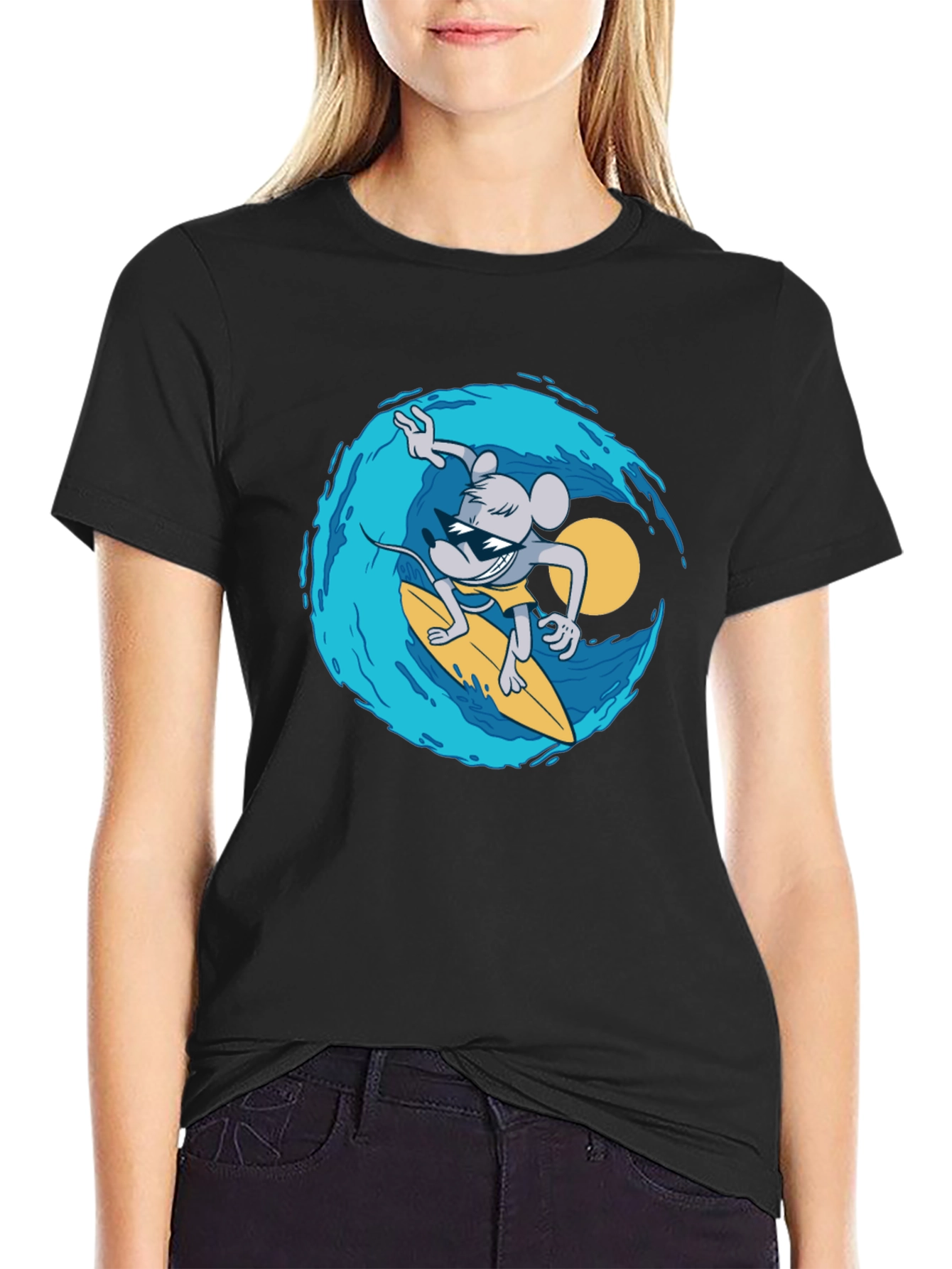 Black Surfing Mouse Graphic Tee - Cool Black T-Shirt view 2
