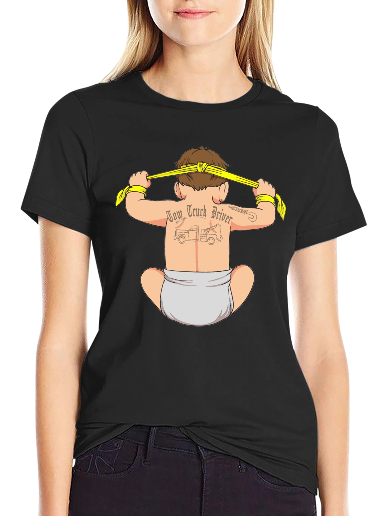 Black Tow Truck Driver Baby Tattoo T-Shirt view 2