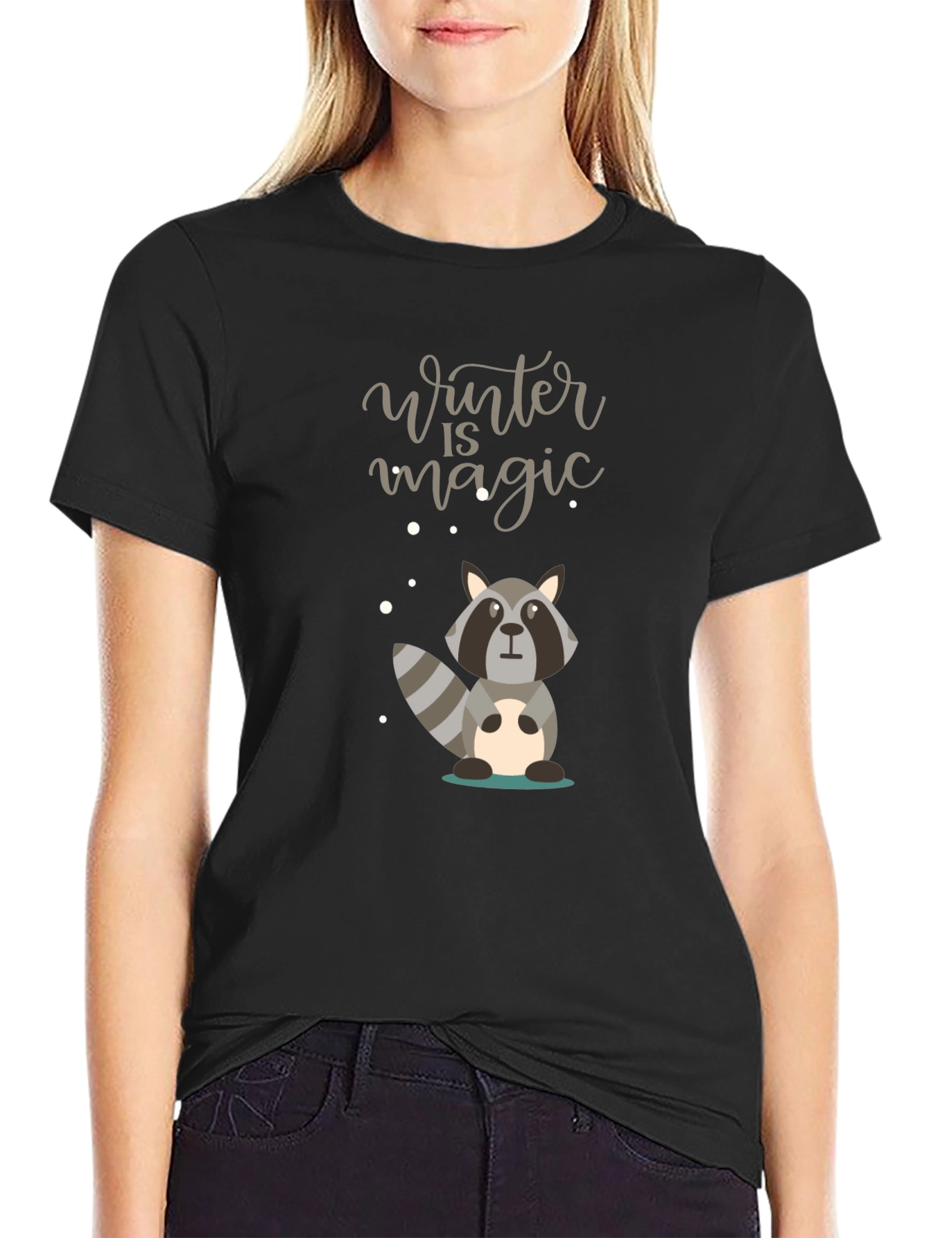Black Winter Magic Raccoon Graphic Tee - Cozy Style view 2