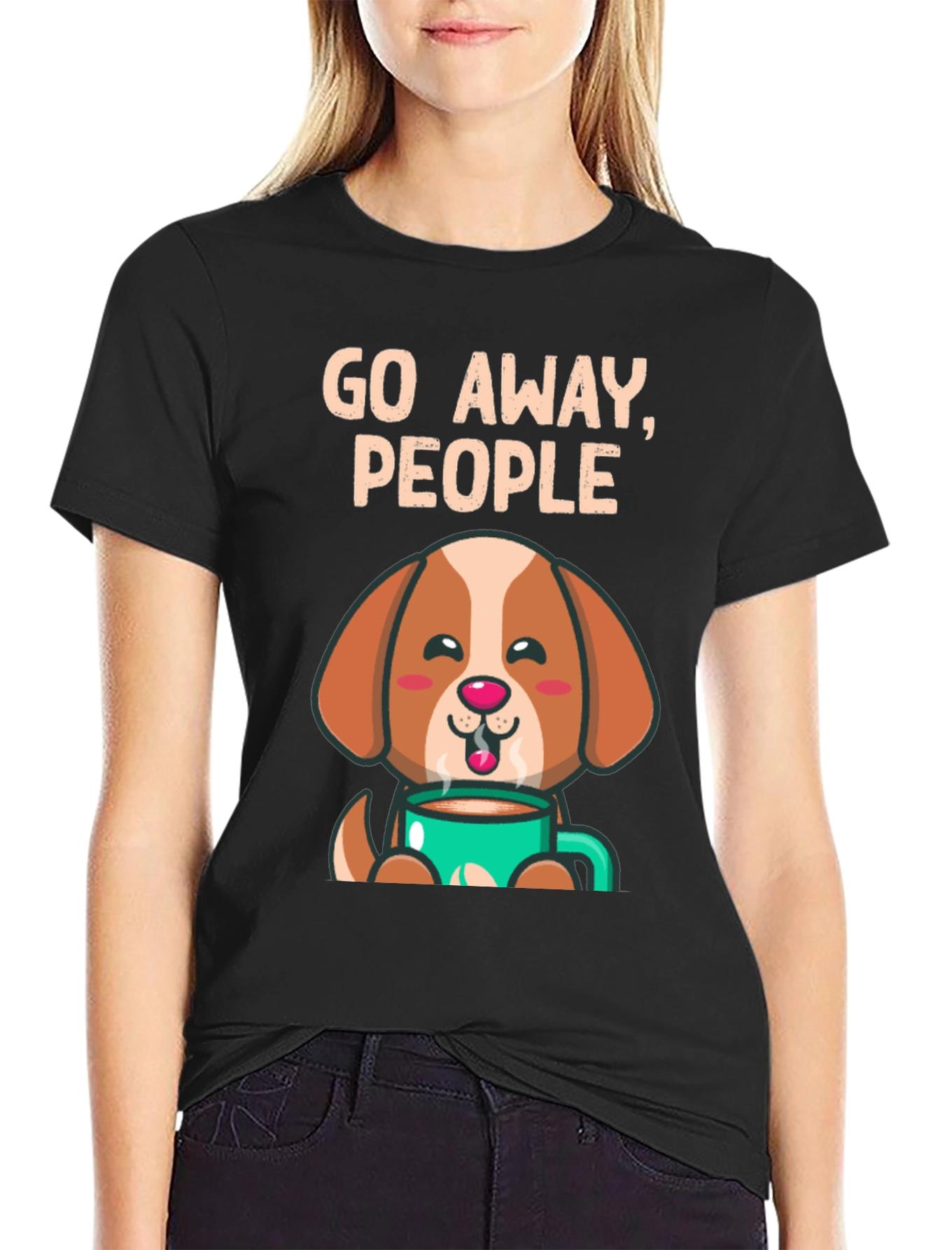 Black Funny Dog Coffee T-Shirt - Go Away People view 2