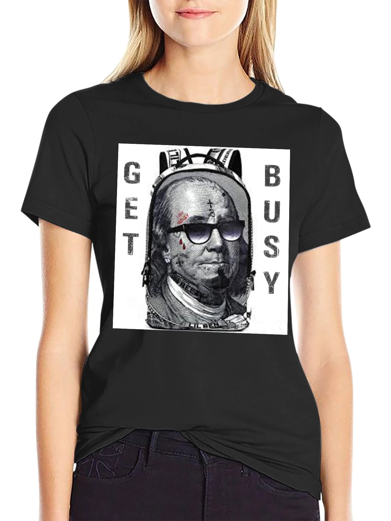 Black Get Busy Graphic T-Shirt - Unique Design view 2
