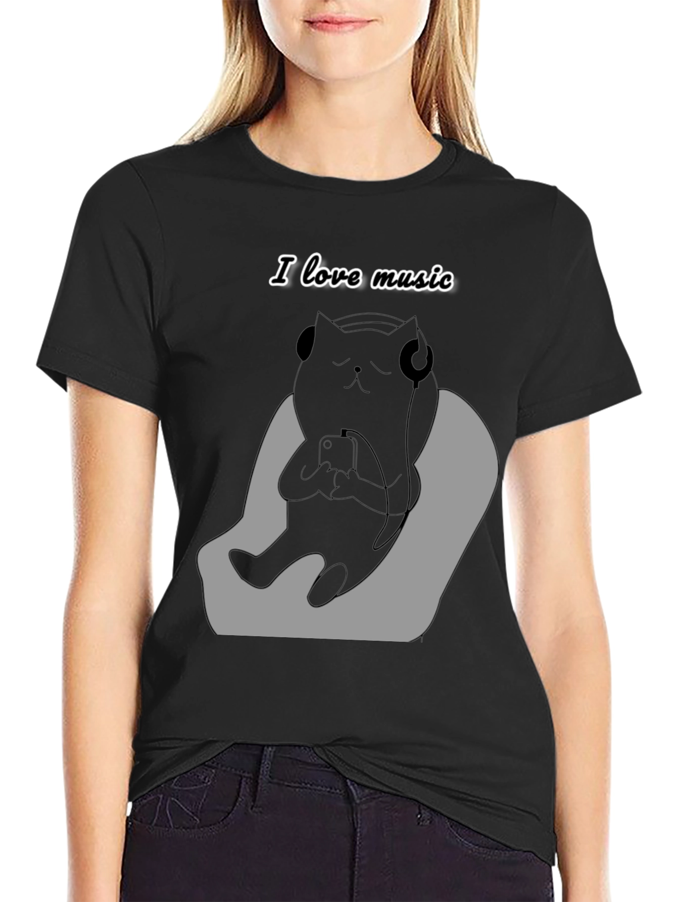 Black Cool Cat Music Lover Graphic Tee view 2