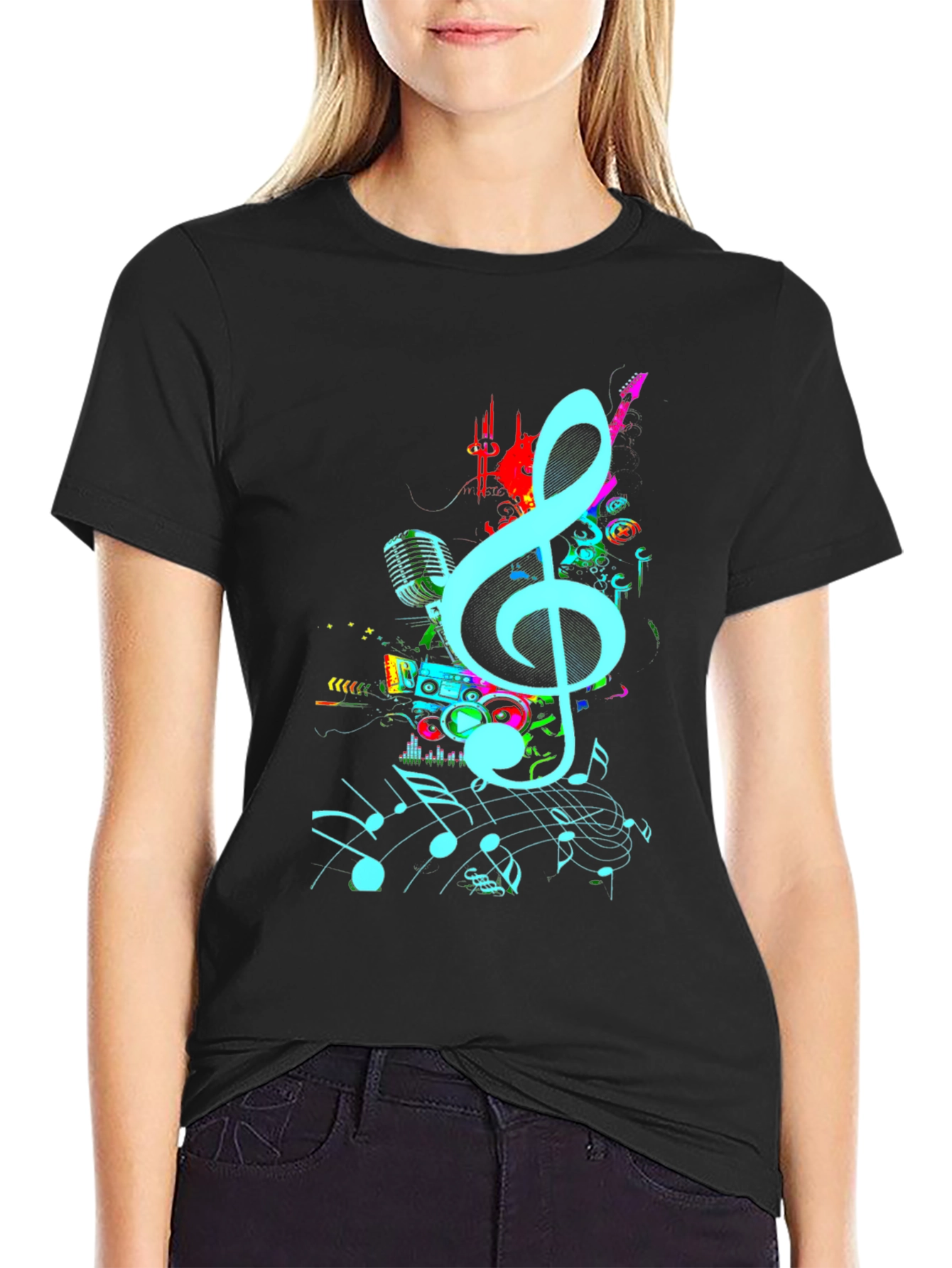 Black Musical Notes Graphic Print Black T-Shirt view 2